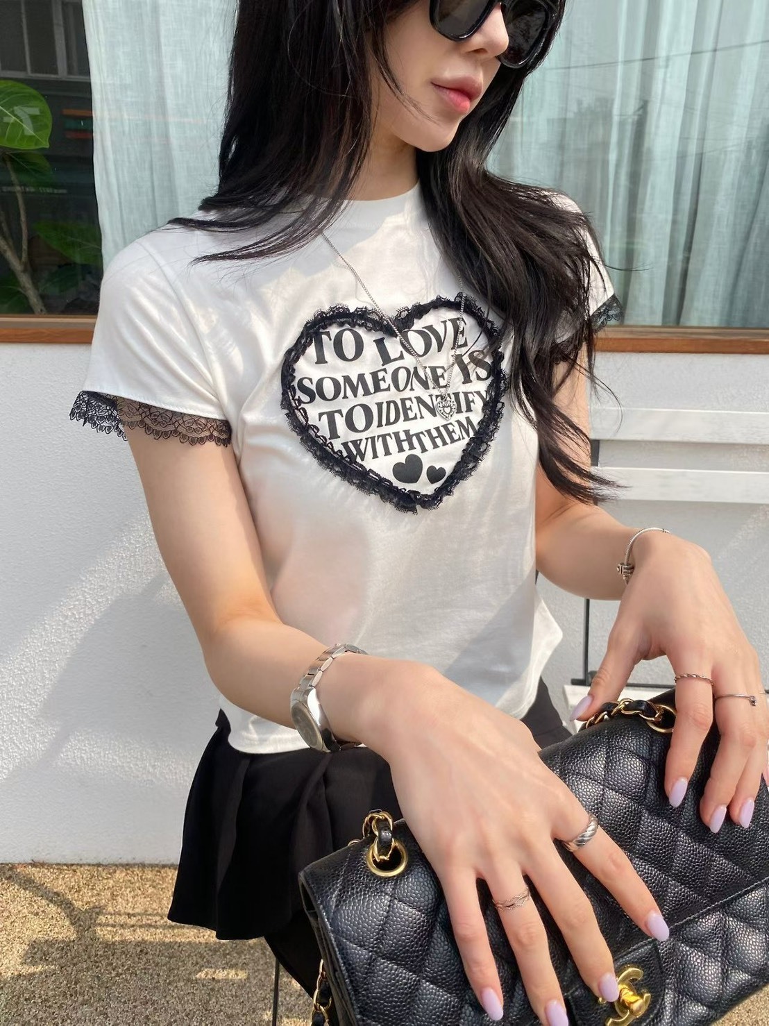 LOVE黑蕾絲圈短袖T