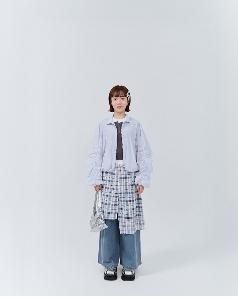 Casual asymmetrical plaid patchwork denim trousers【04011892】in stock+pre-order