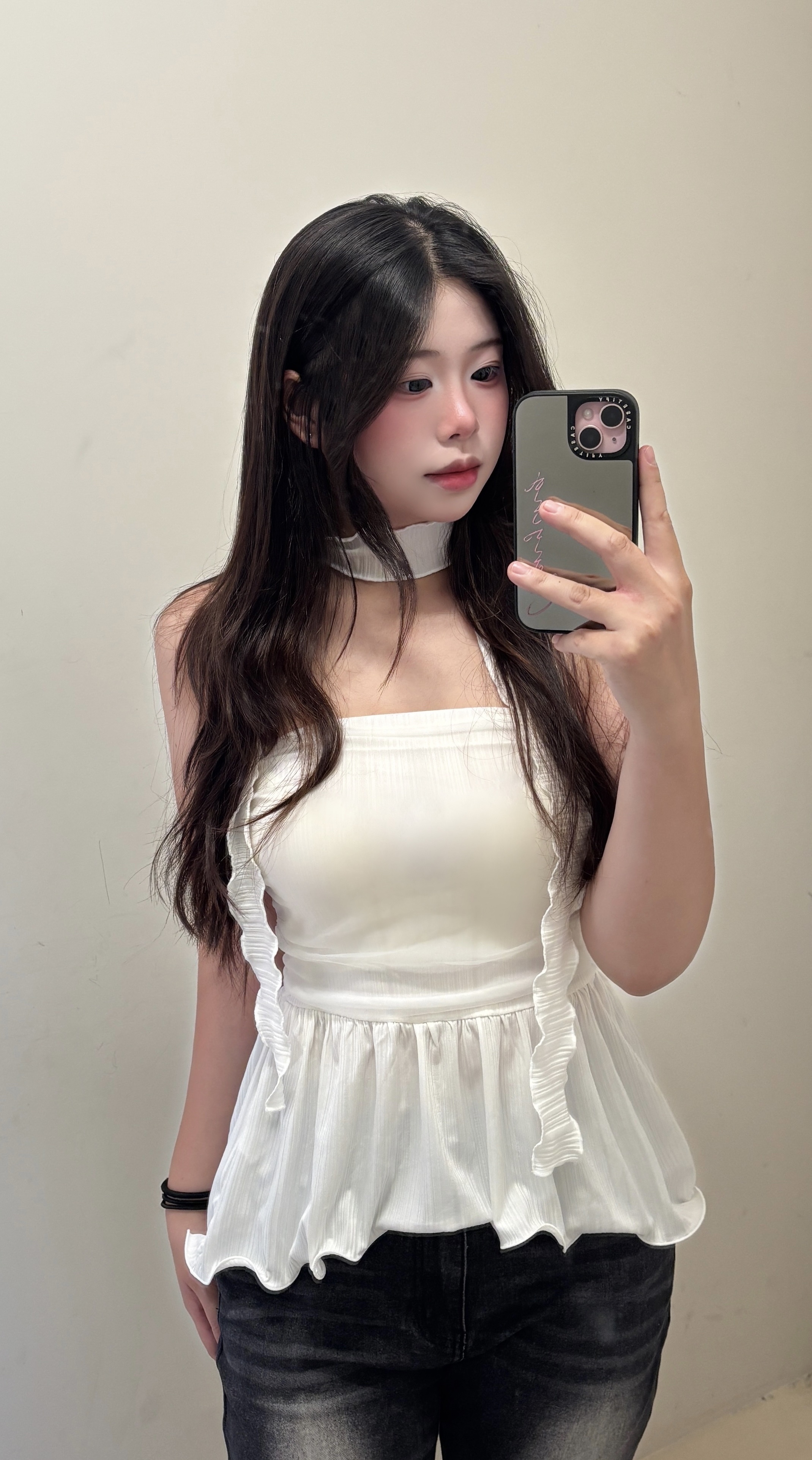 Korea🇰🇷正韓木耳邊網紗平口小裙擺上衣🐚