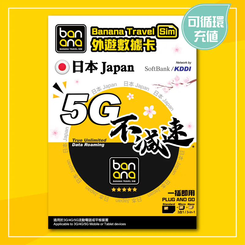 banana SIM 日本5G不減速數據咭｜Softbank / KDDI高速上網