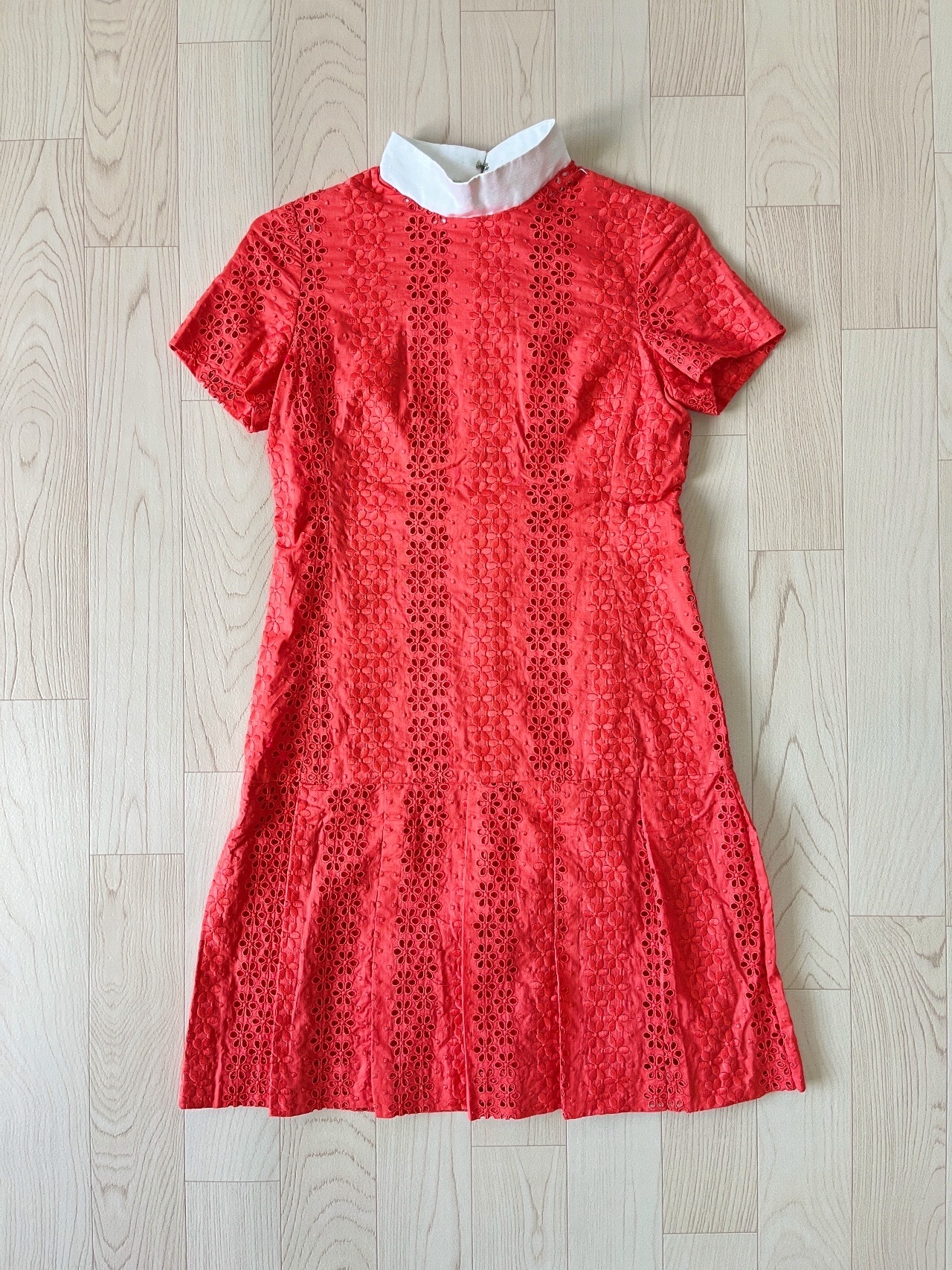 橙紅色刺繡小花古著連身裙