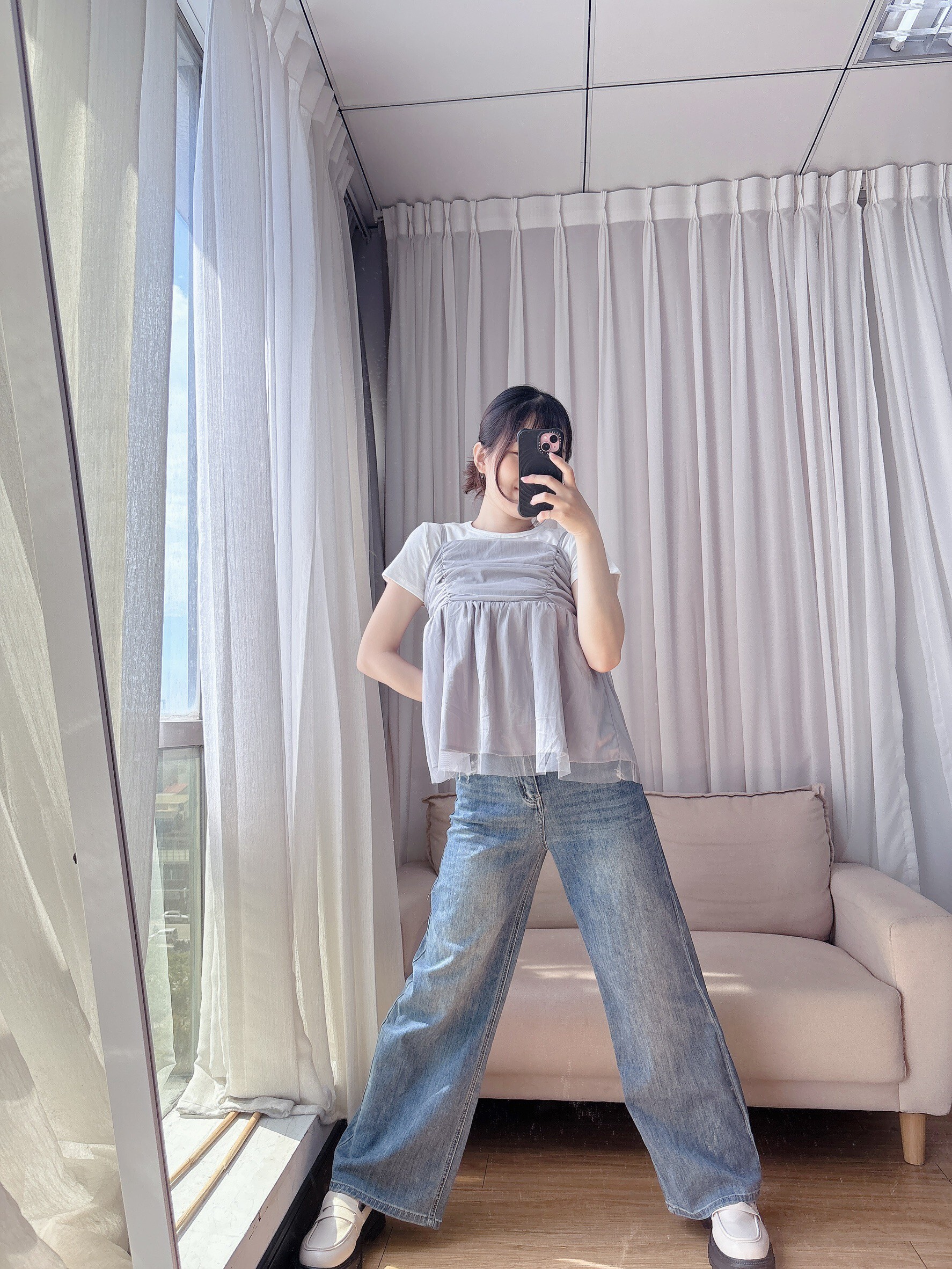 Denim washed straight leg wide-leg pants