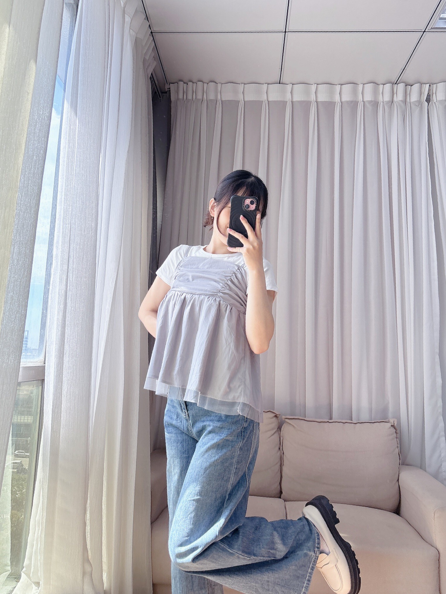 Denim washed straight leg wide-leg pants
