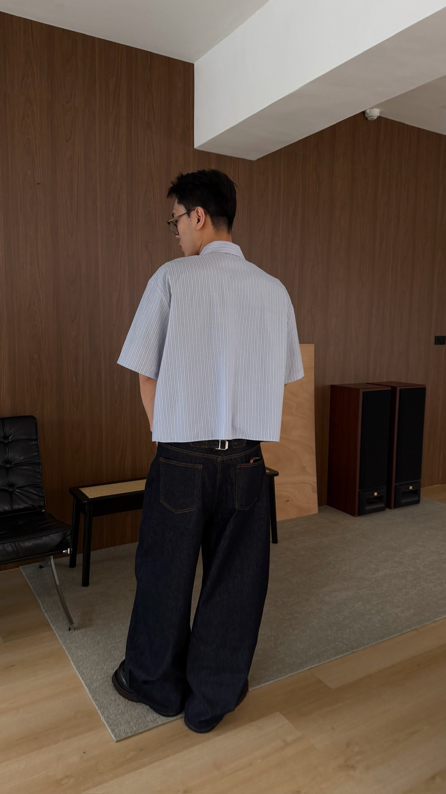 拼接排扣丹寧褲
