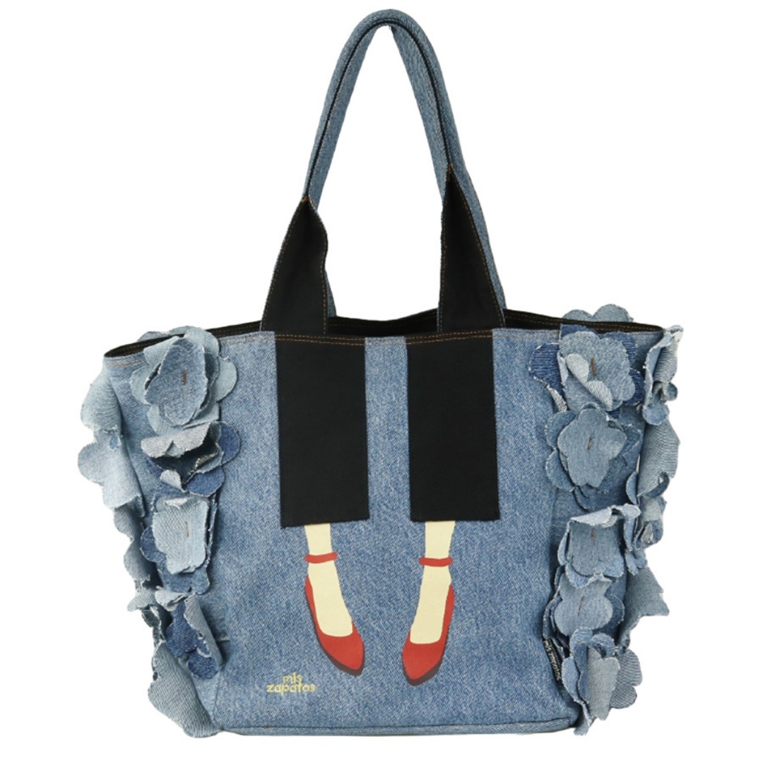 HKBG0603-049 (B-7318)Denim Flower Tote BK (A49)