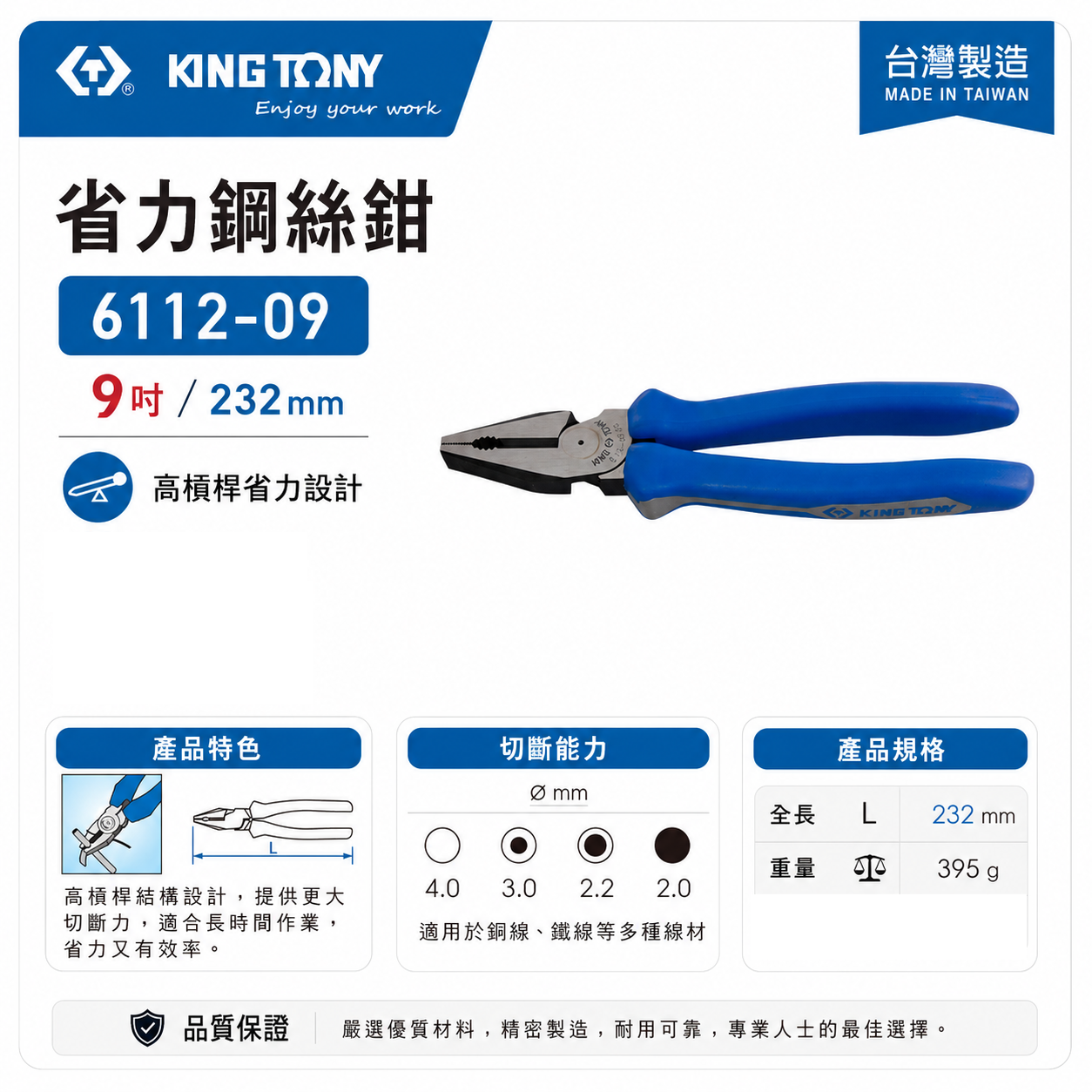 KING TONY 金統立 台灣製｜省力鋼絲鉗 9" 膠柄鐵絲鉗 鐵鉗 鐵線鉗 省力型老虎鉗｜6112-09