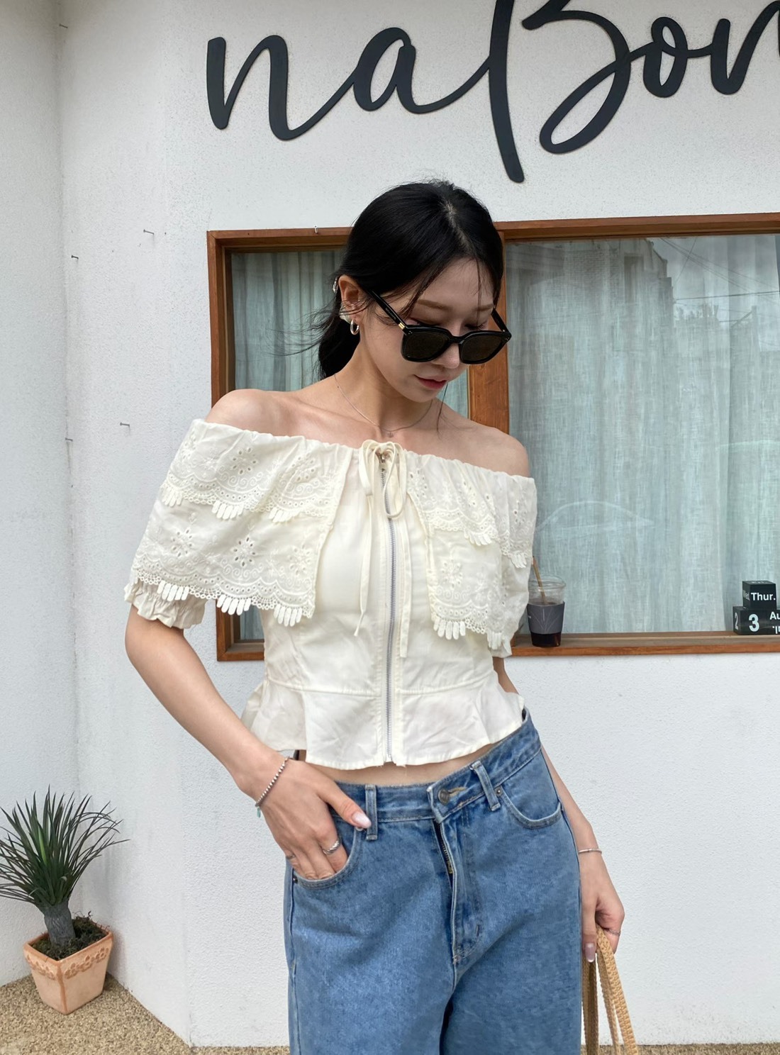 拉鍊大翻領蕾絲上衣