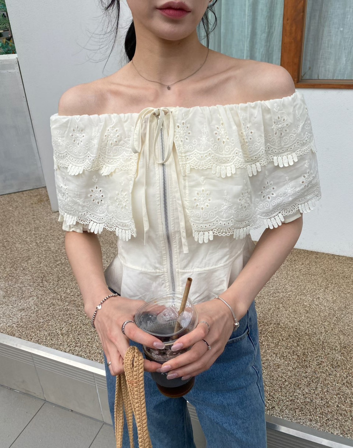 拉鍊大翻領蕾絲上衣