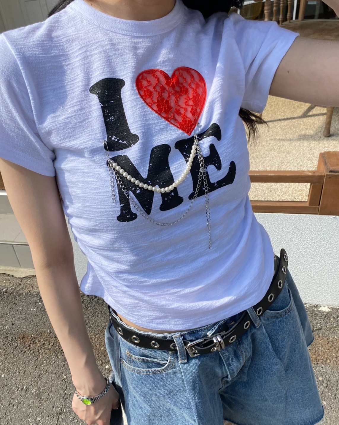 I LOVE ME珍珠鍊短袖T