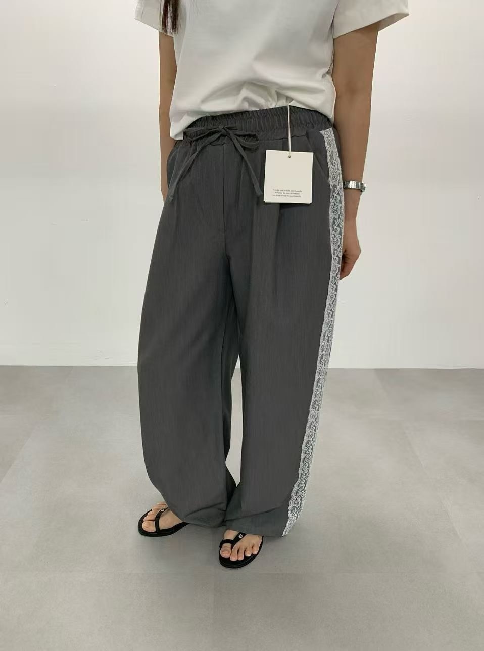 側蕾絲綁帶西裝休閒褲