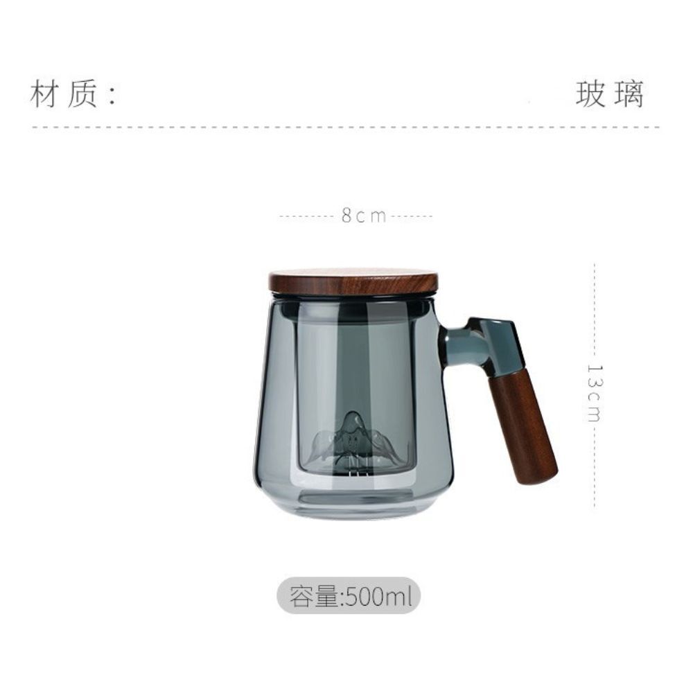 透明帶蓋泡茶杯500ml ｜茶水分離泡茶杯 玻璃泡茶杯 木柄茶杯 濾茶杯 高硼硅玻璃茶杯【輕鬆購五金百貨】