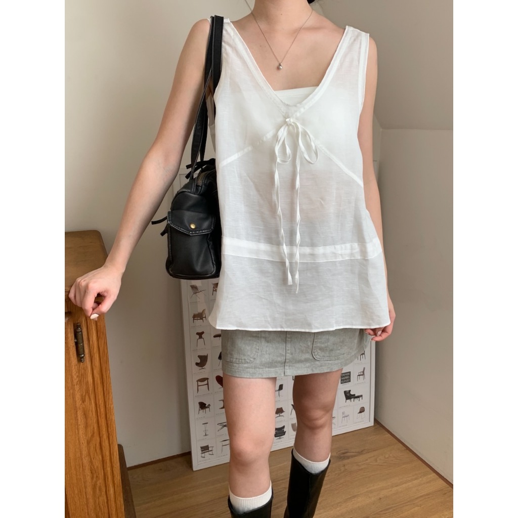 A29 仙女鬆弛感 大V領透紗綁帶背心 #8570