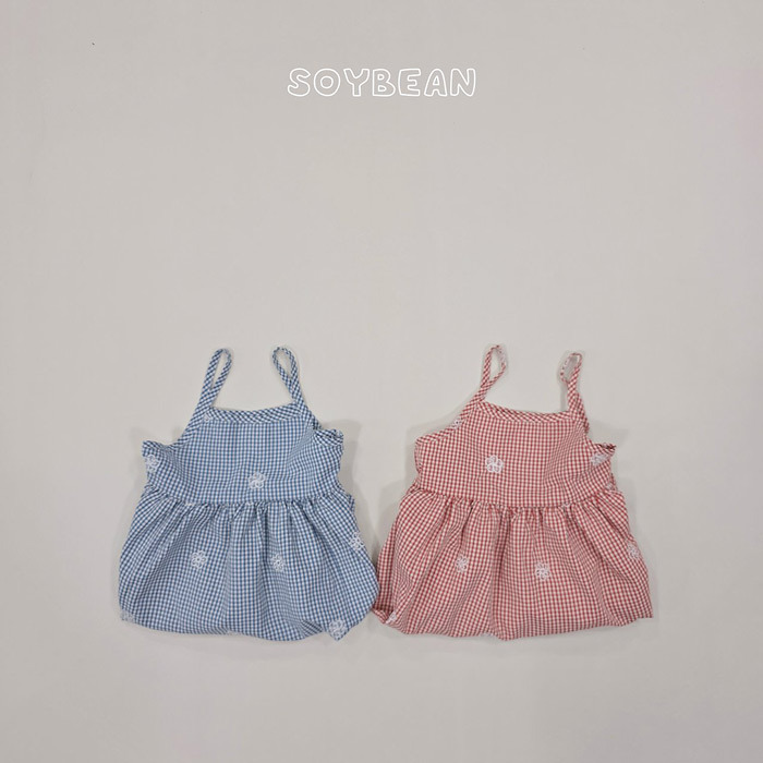 正韓夏soybean 兩色刺繡小花格子洋裝