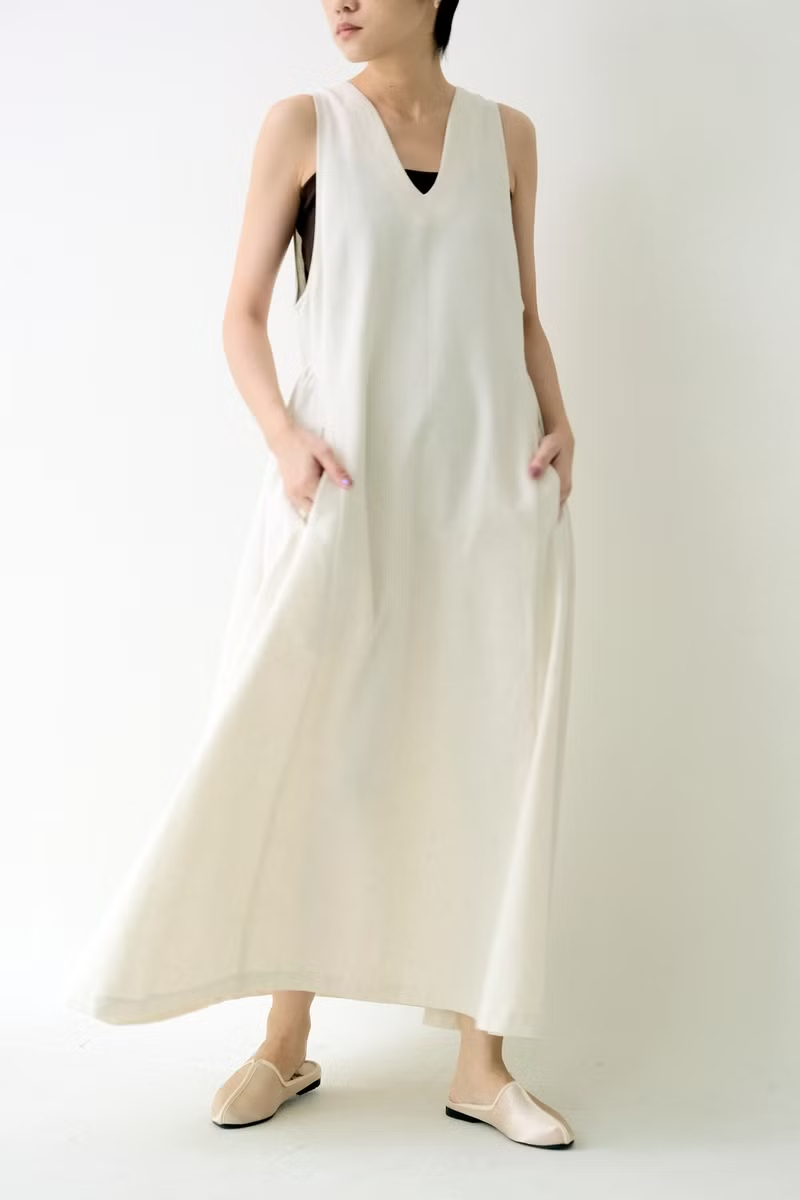 川 衣 WEAR BEING 中亞削肩長洋裝 米白棉