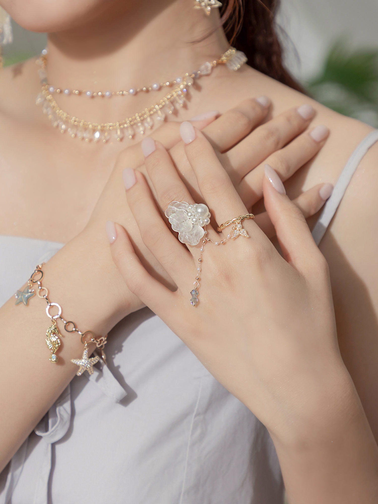浪花朵朵。14KGP貝殼珠花魚尾雙戒指