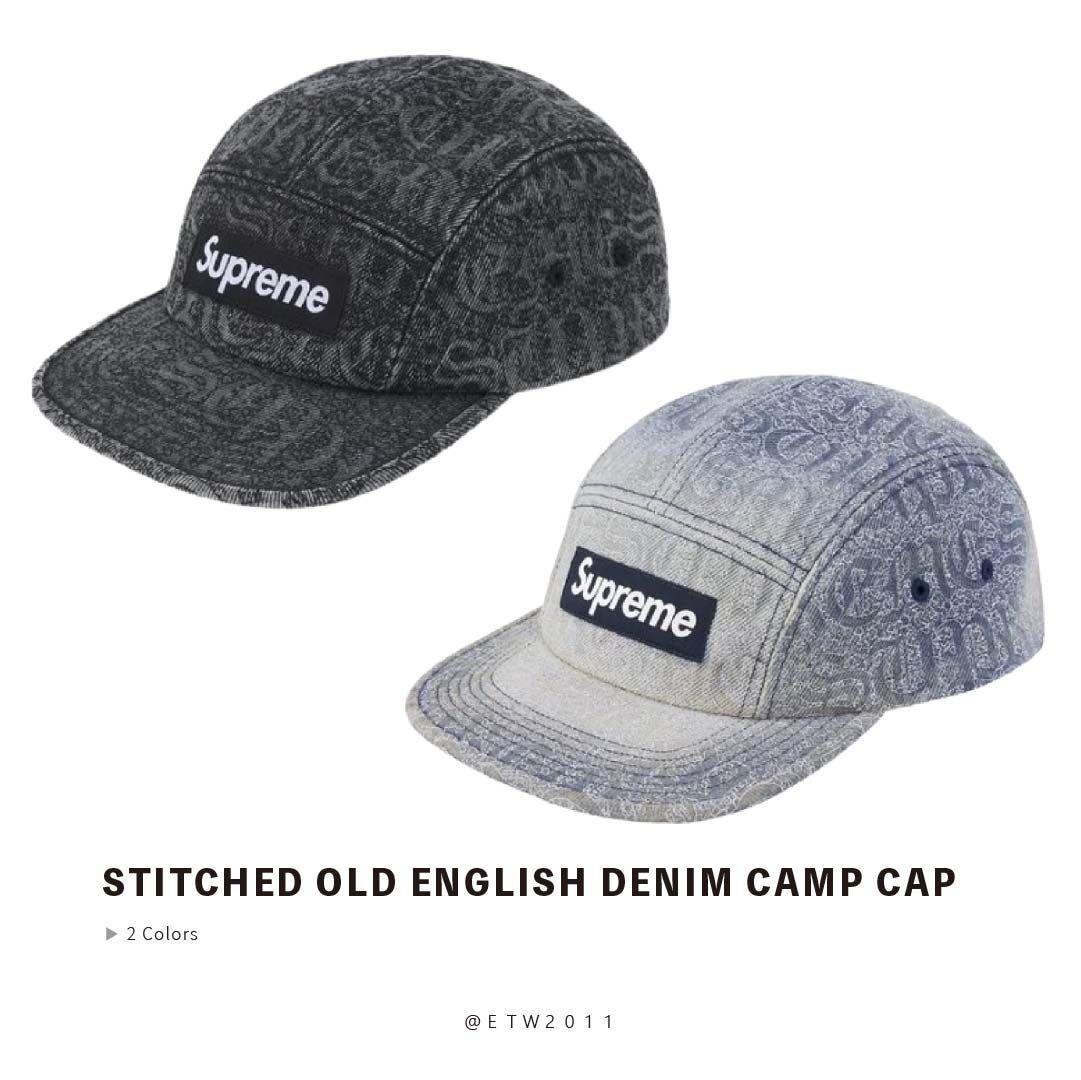 ☆ETW☆【EASY TO WEAR】Supreme 26SS STITCHED OLD ENGLISH DENIM CAMP CAP 五分割 老帽 縫線 字體 牛仔 單寧