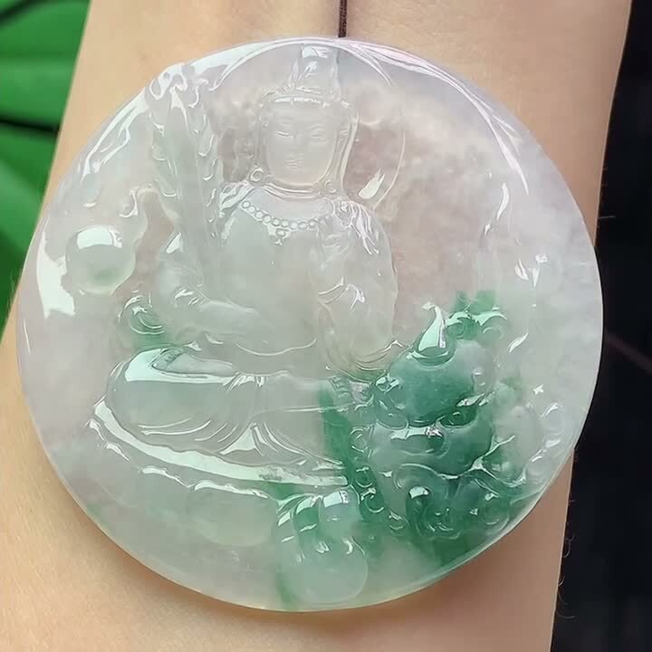 翡翠冰飄花文殊菩薩 (51mm直徑),天然翡翠A玉, 緬甸玉, Jade, Jadeite