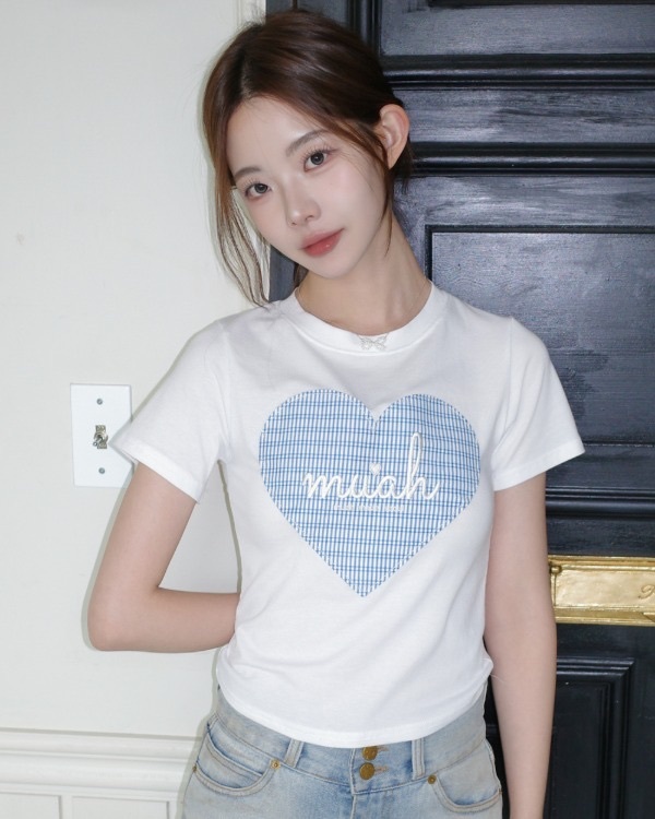 【限時優惠預訂】韓國MUAH MUAH BIG HEART CHECK PATCH HALF SLEEVE（2色）