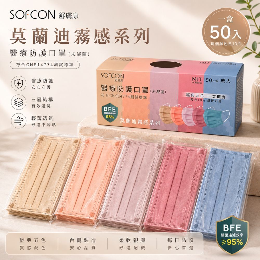 舒膚康霧感醫療口罩50片｜成人口罩 醫療口罩 莫蘭迪口罩 彩色口罩 三層口罩 台灣製【輕鬆購五金百貨】