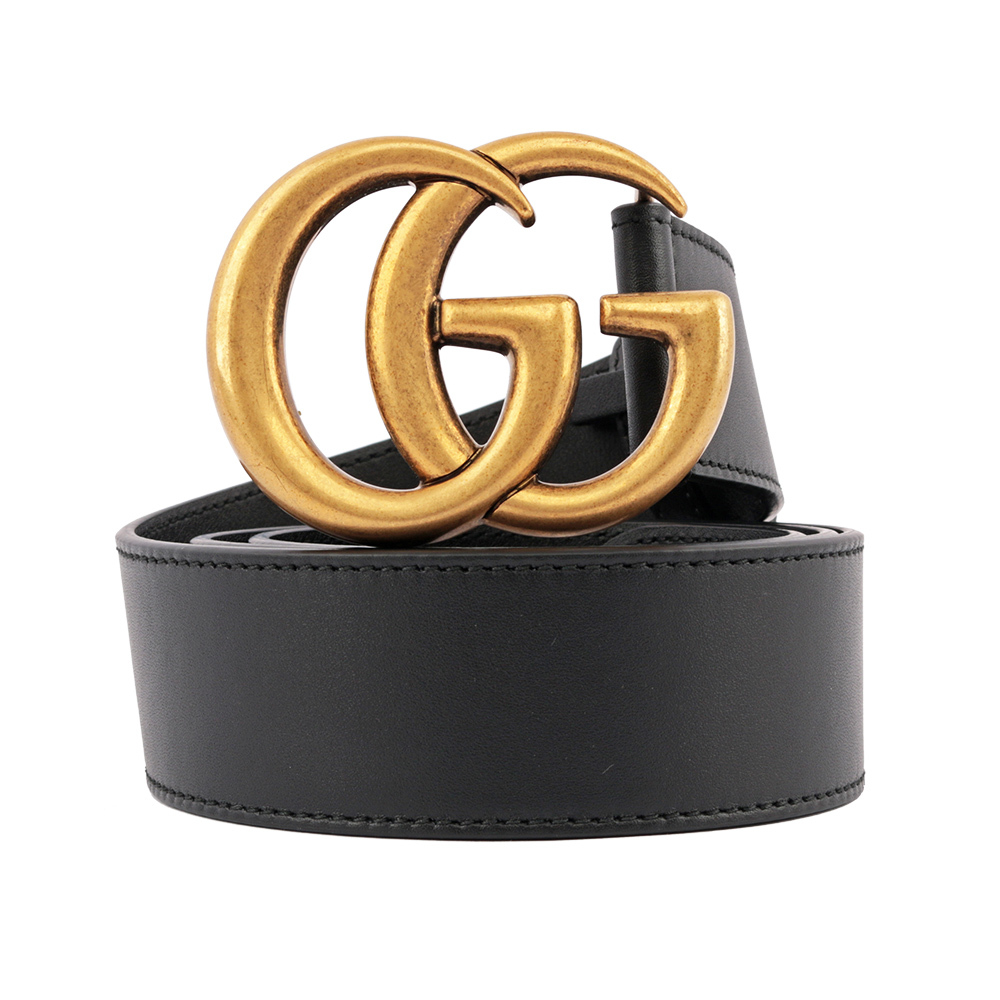 【GUCCI】大雙G霧金logo牛皮4CM寬皮帶 80/85cm (黑色)