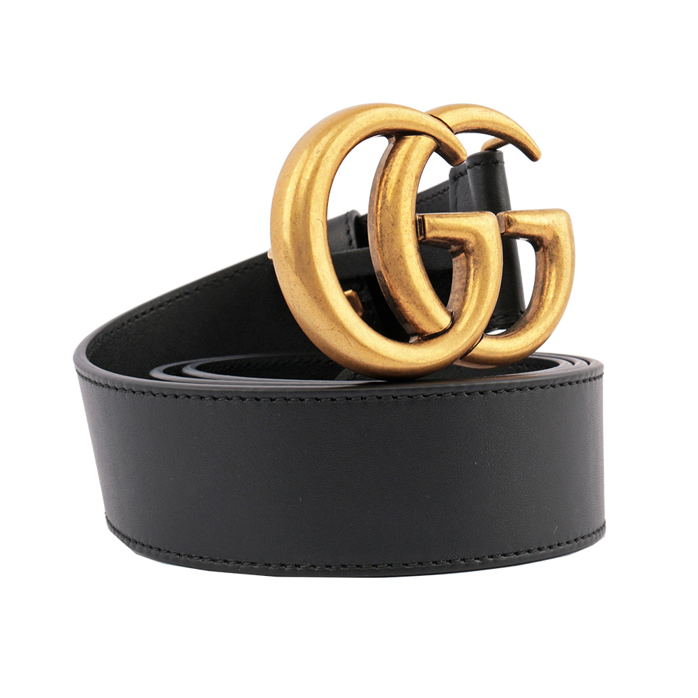 【GUCCI】大雙G霧金logo牛皮4CM寬皮帶 80/85cm (黑色)