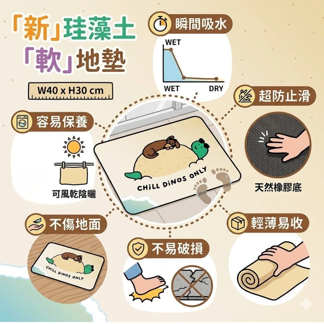療癒系恐龍 | 浴室吸水珪藻土地墊(軟墊)