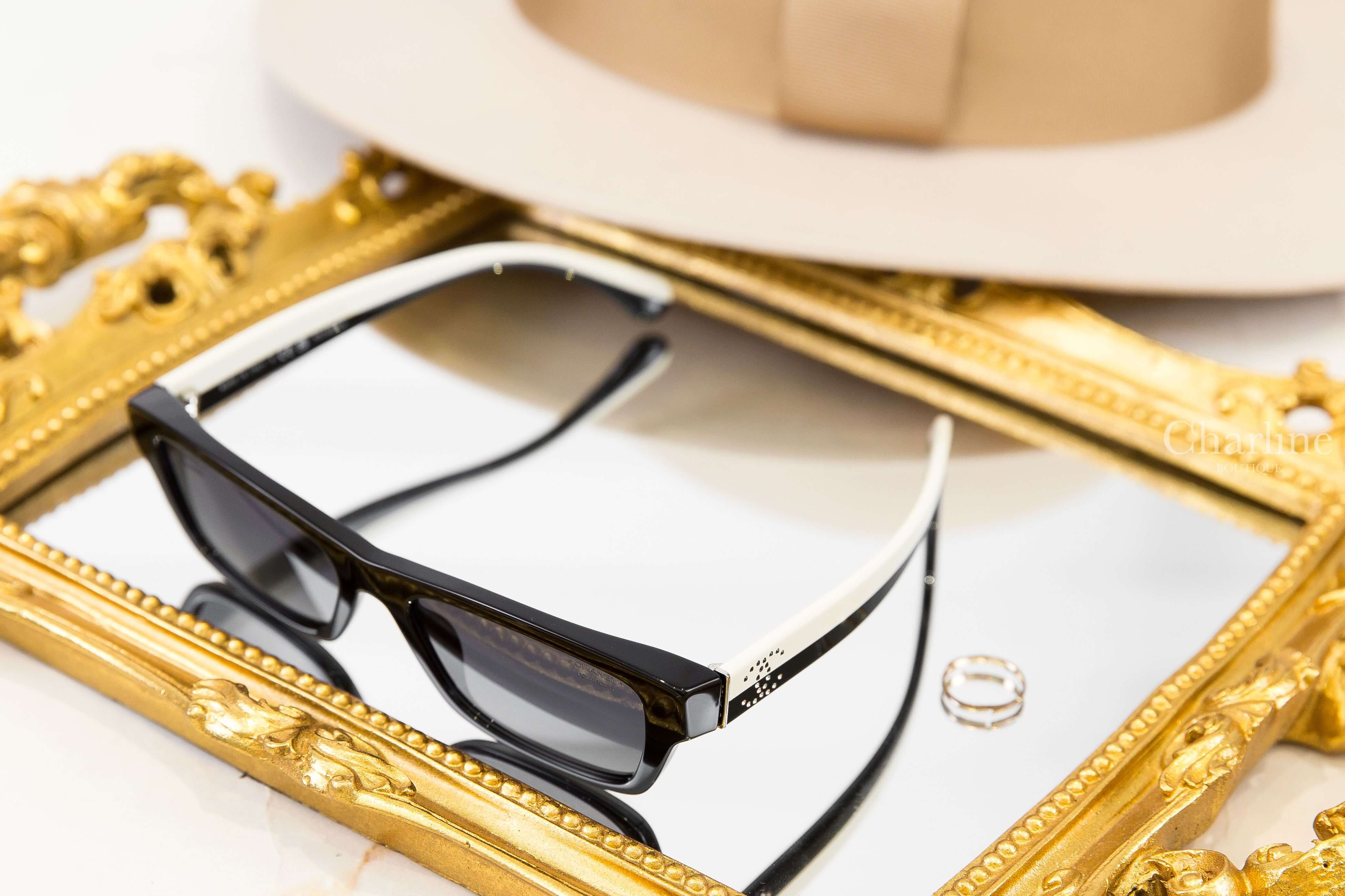 Chanel Rectangle Sunglasses 黑色長方框灰色鏡片側邊黑白水鑽CC雙色鏡腳太陽眼鏡-Charline Boutique 精品代購