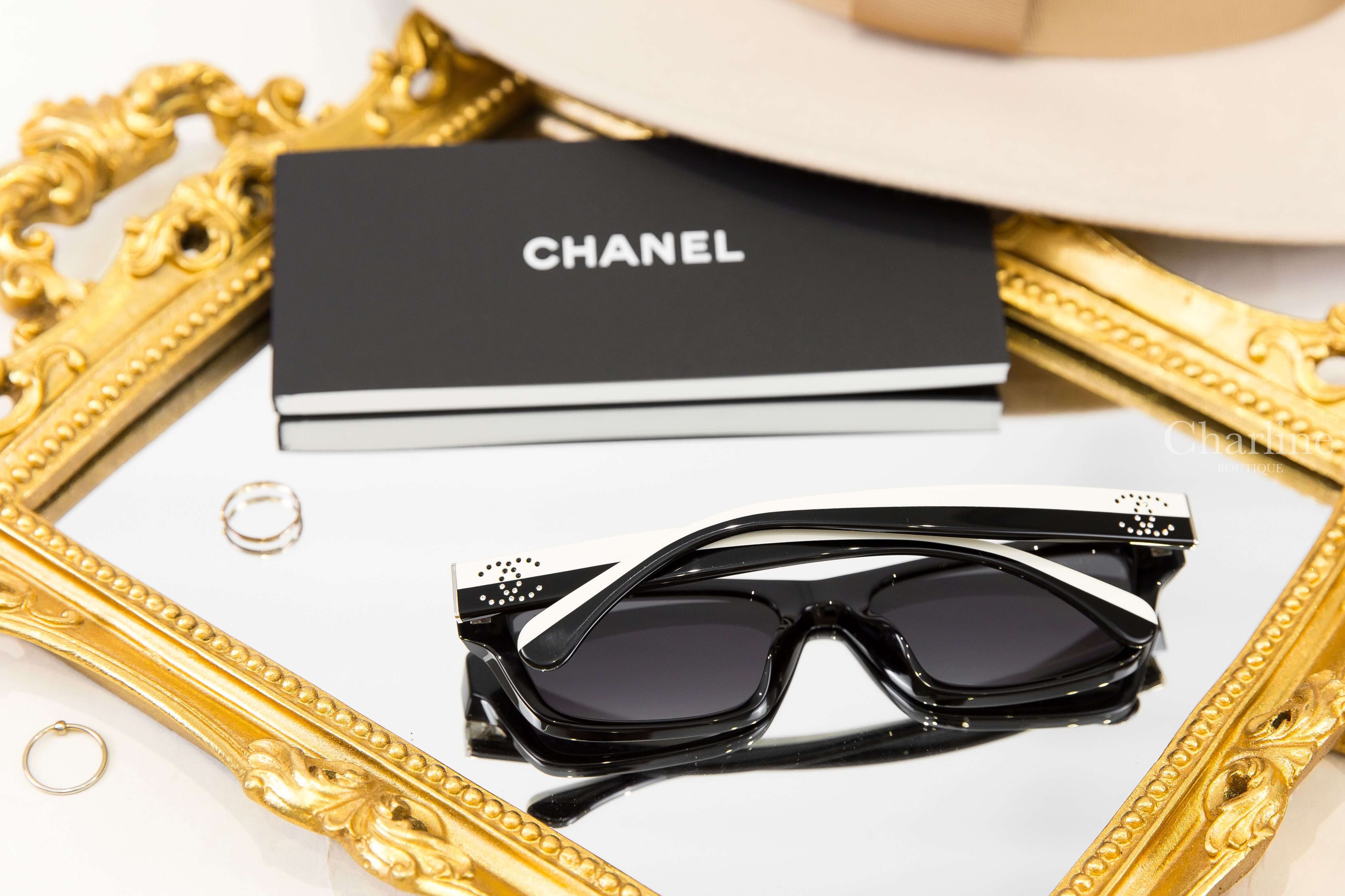 Chanel Rectangle Sunglasses 黑色長方框灰色鏡片側邊黑白水鑽CC雙色鏡腳太陽眼鏡-Charline Boutique 精品代購