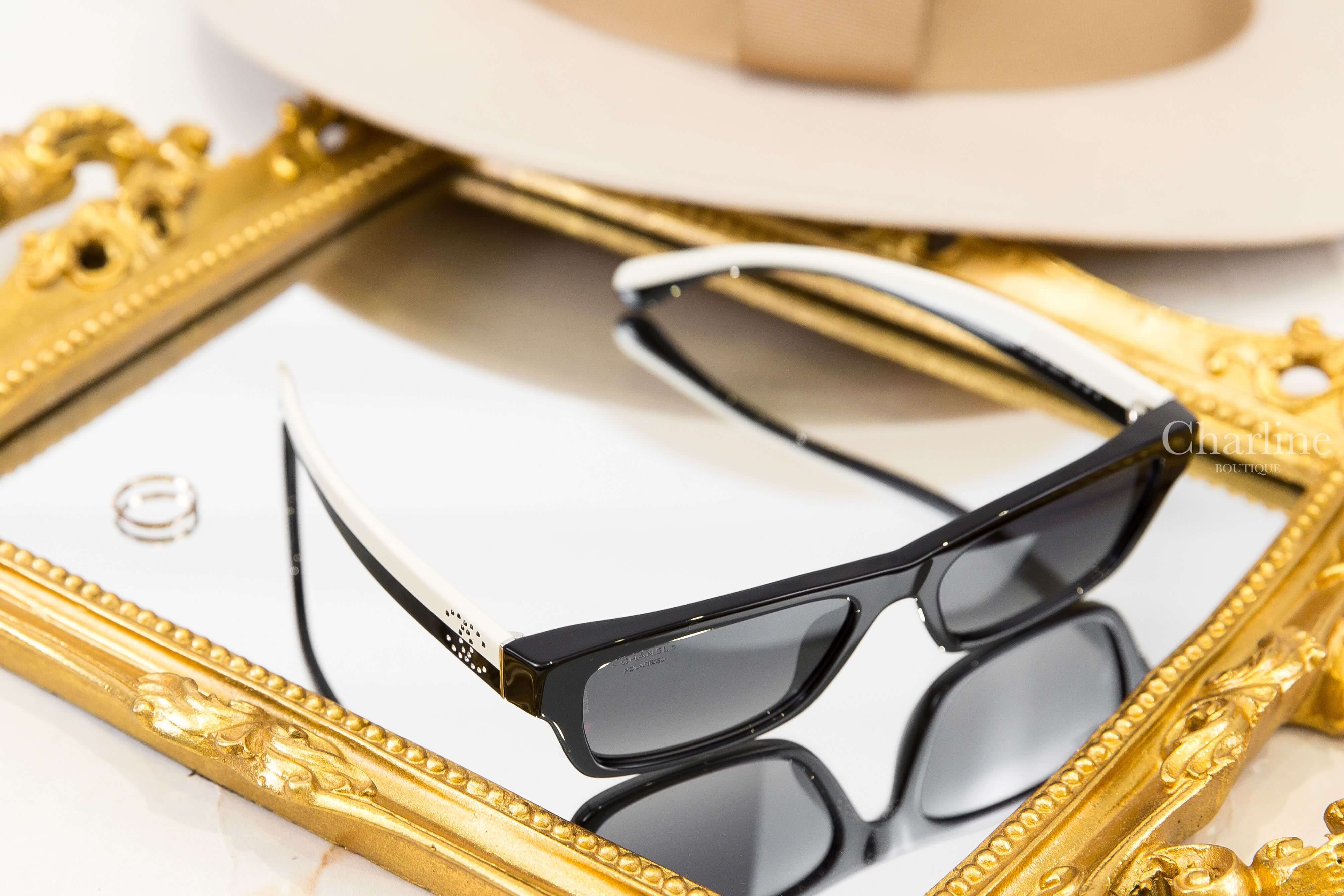 Chanel Rectangle Sunglasses 黑色長方框灰色鏡片側邊黑白水鑽CC雙色鏡腳太陽眼鏡-Charline Boutique 精品代購