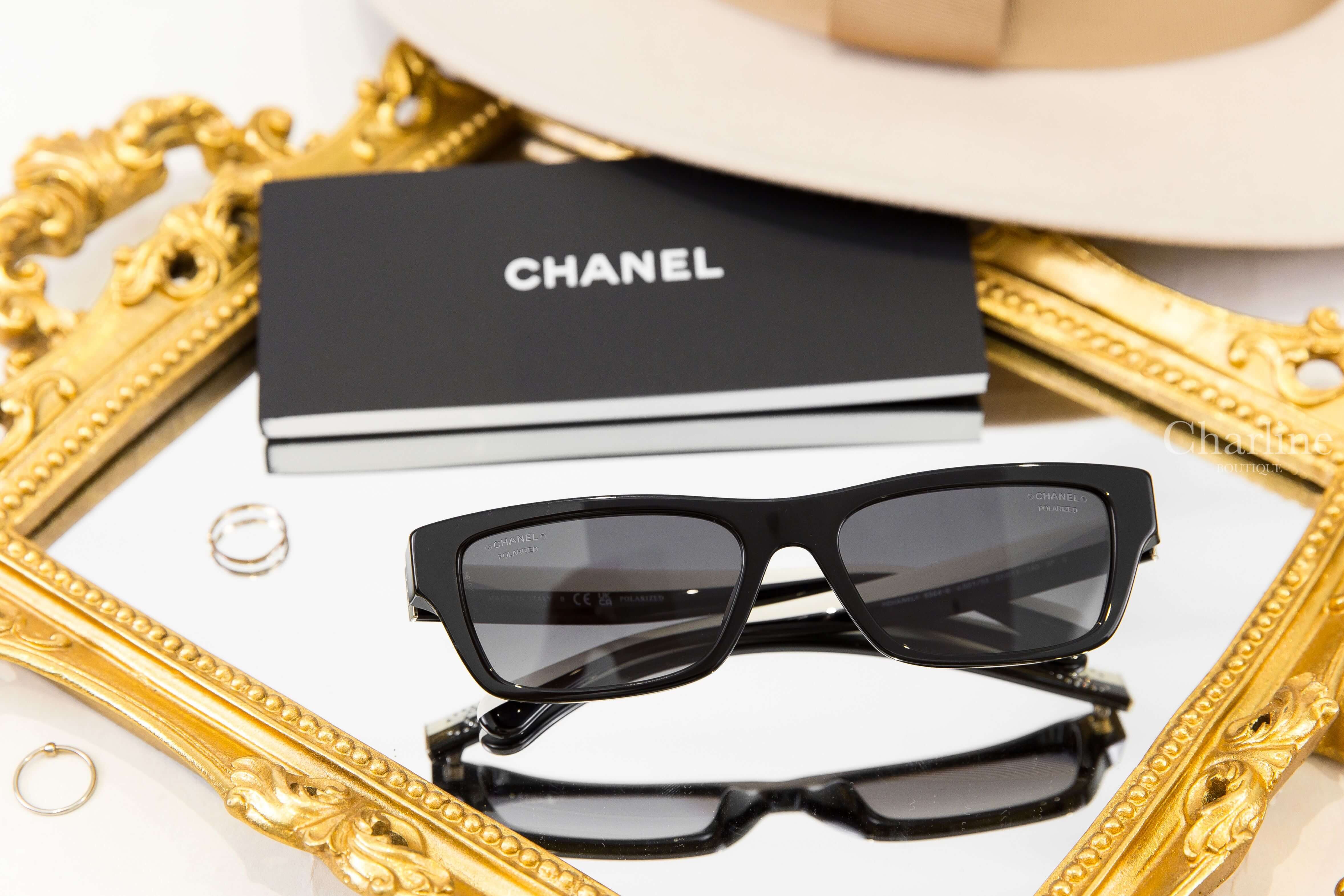 Chanel Rectangle Sunglasses 黑色長方框灰色鏡片側邊黑白水鑽CC雙色鏡腳太陽眼鏡