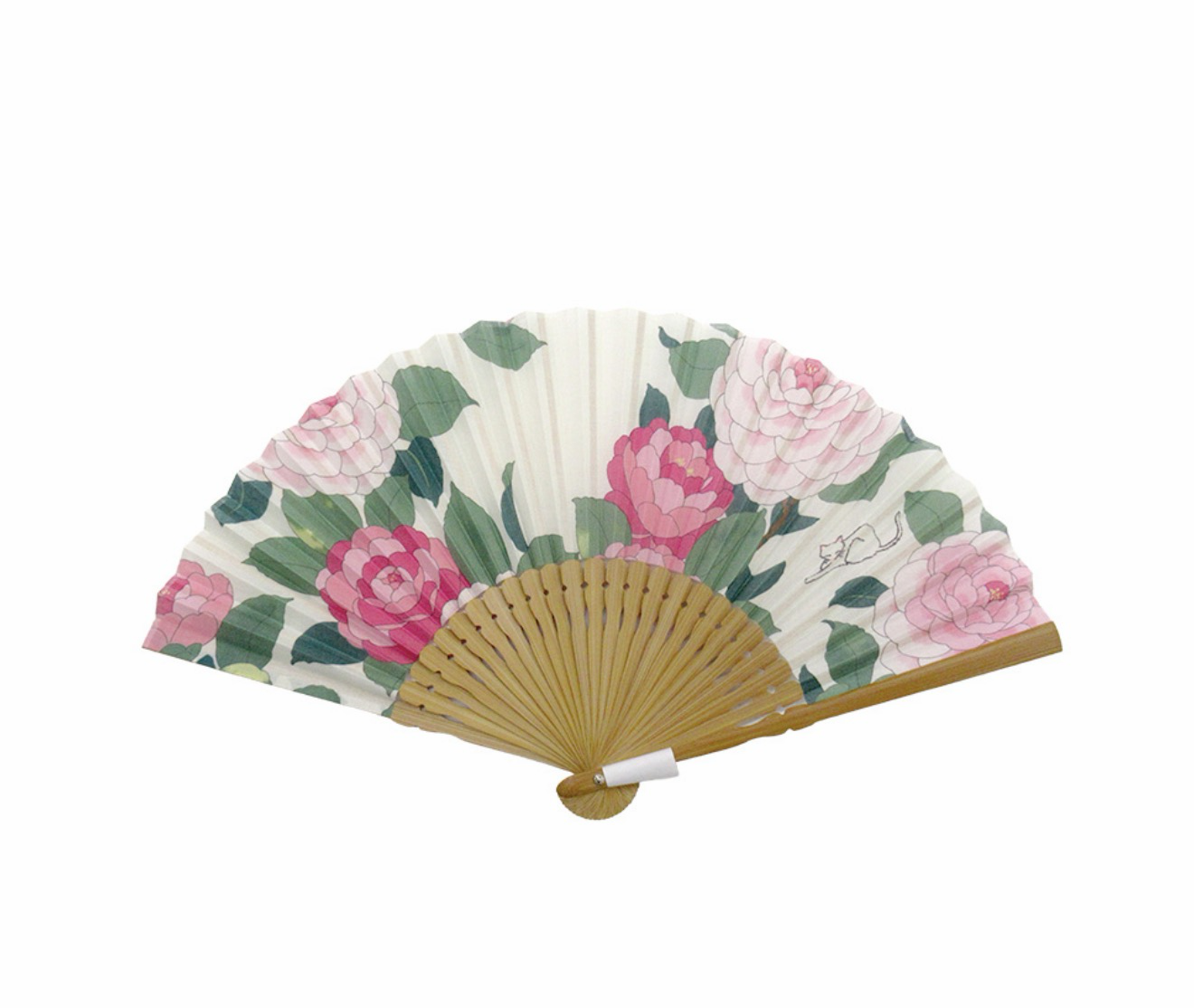 折扇，布面，刺繡，(山茶花）圖案，米白色