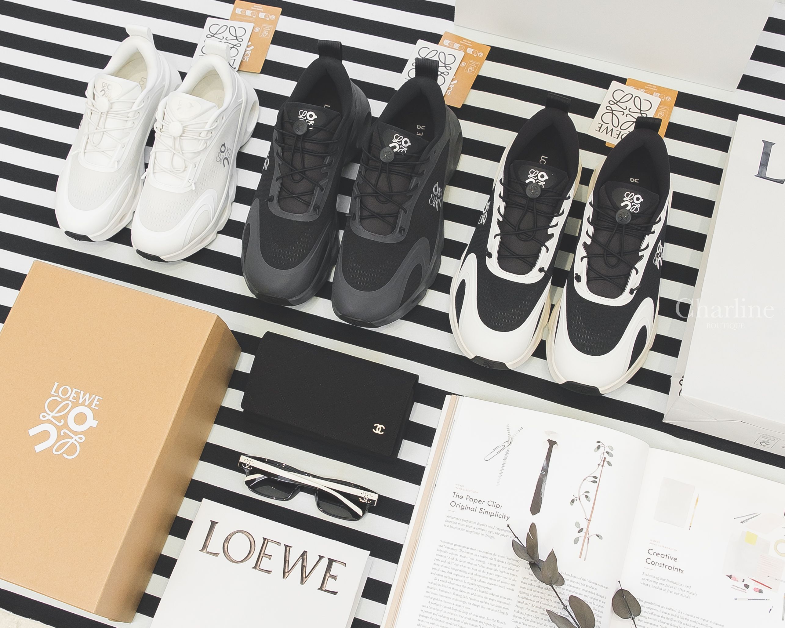 Loewe Cloudsolo 白/淺灰側邊銀色Logo運動鞋,Loewe黑側邊銀色Logo運動鞋,Loewe 黑/蛋殼色側邊白色Logo運動鞋,Chanel 黑色長方框側邊黑白水鑽CC雙色鏡腳太陽眼鏡-Charline Boutique 精品代購