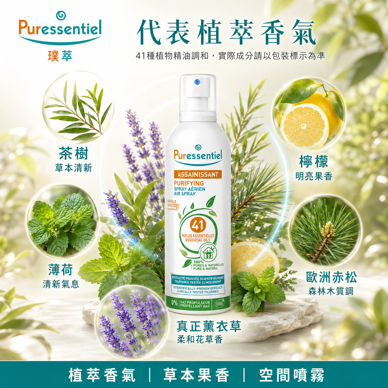 蘊含茶樹、薄荷、尤加利與薰衣草等天然精油配方的環境淨化噴霧