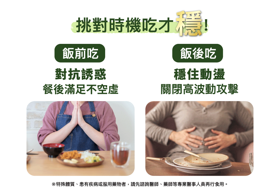 醣勝君飯前吃能減少飢餓感、並更容易有飽足感適合想減肥的人吃，飯後吃可以穩定血糖波動適合糖尿病的人吃