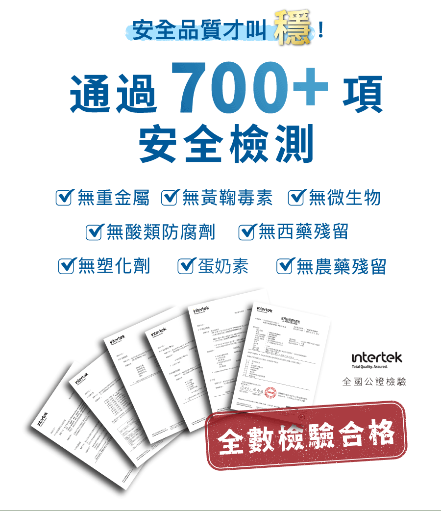 醣勝君通過700項以上安全檢驗，不含重金屬、黃麴毒素、微生物、防腐劑、西藥殘留、塑化劑、農藥