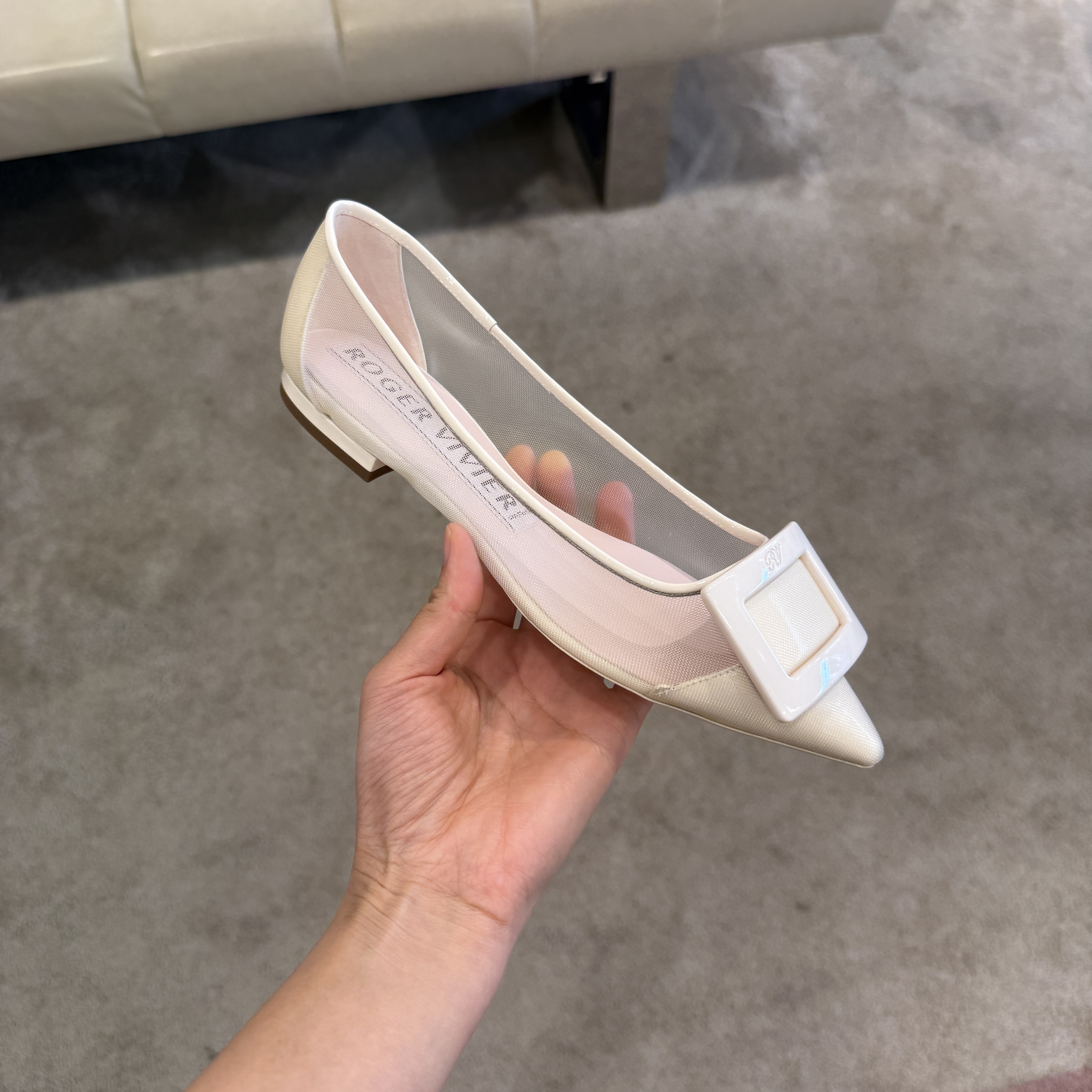 Roger Vivier RV Gommettine Net Lacquered Buckle Ballerinas in Fabric milk white