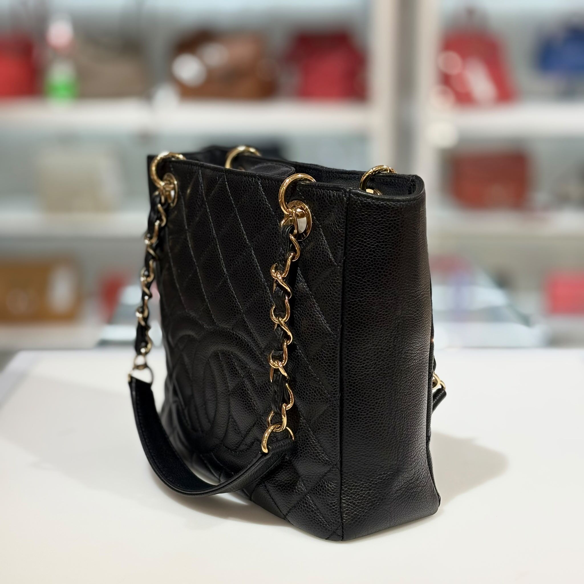 98%NEW二手CHANEL Petite Shopping Tote (PST) 黑色荔枝皮金扣, #香榭站正品