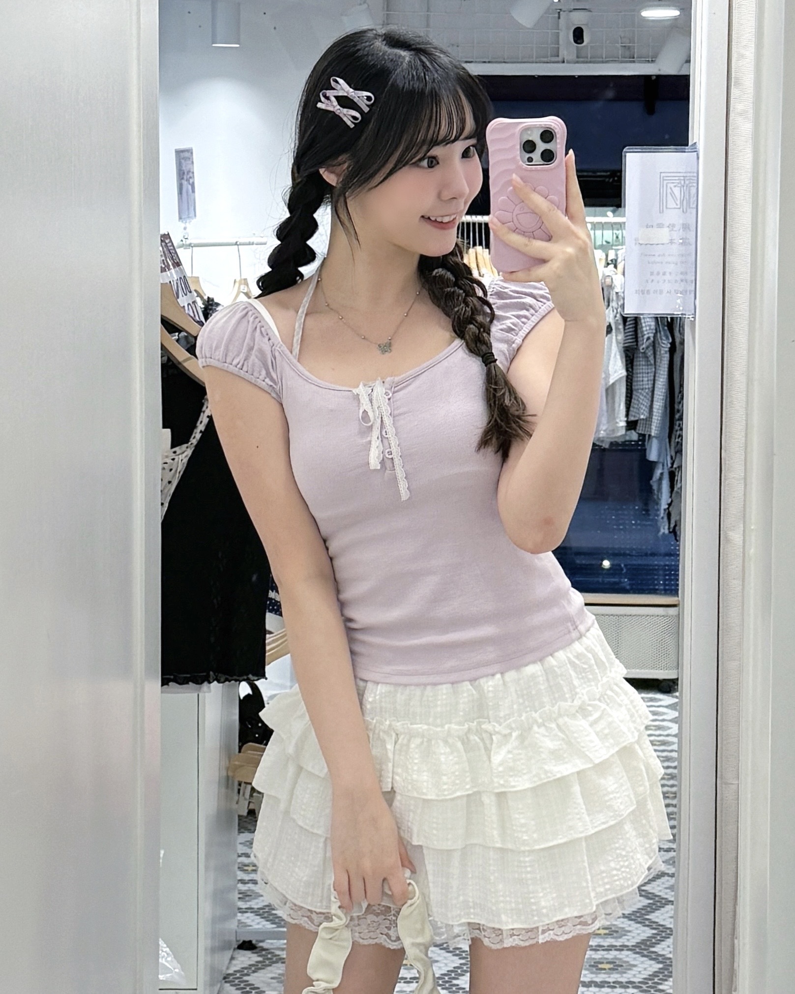 V0221｜泡泡袖格紋蕾絲綁結掛頸假兩件⋆.°🦋༘⋆