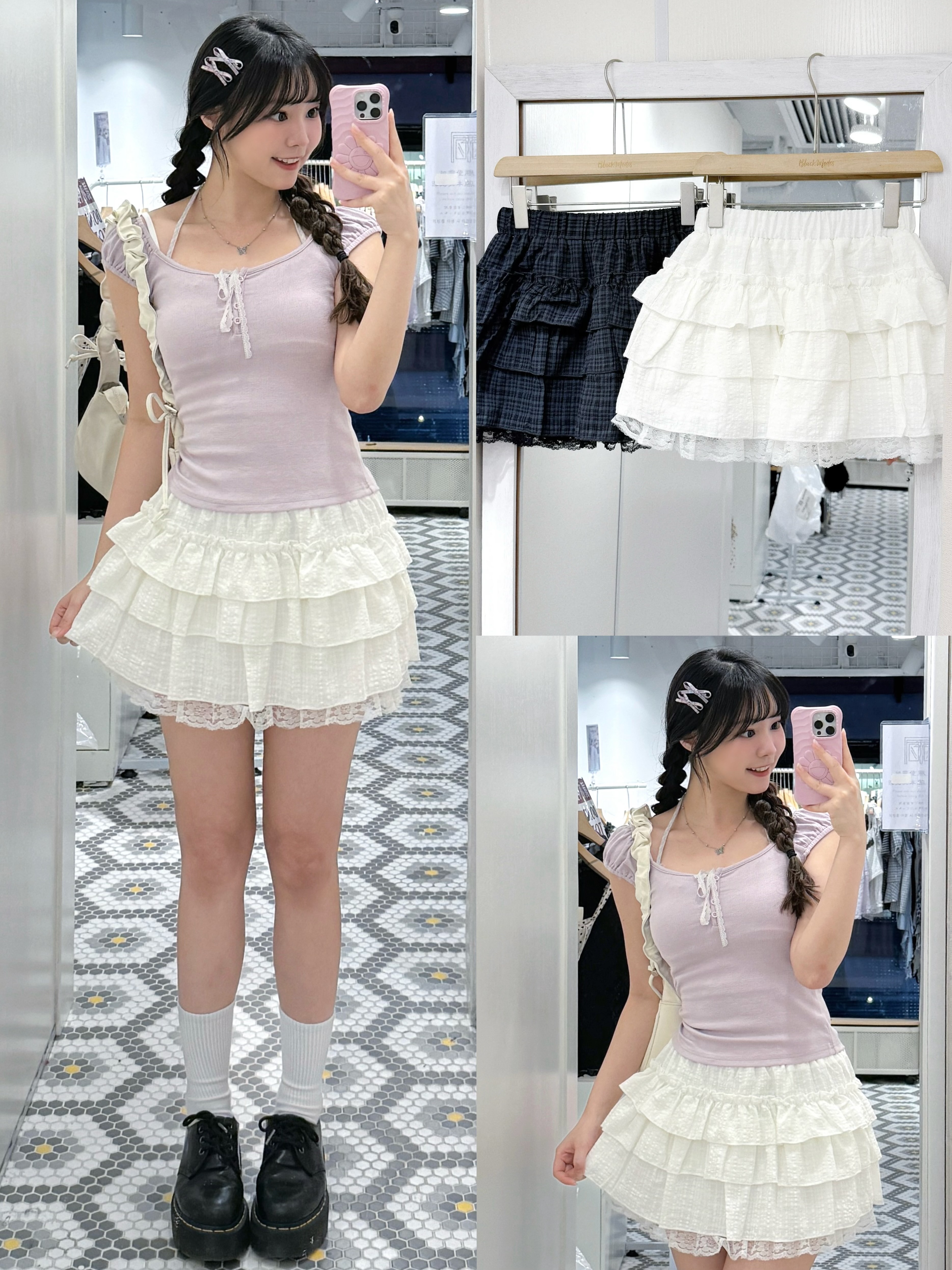 D0606｜格紋透視蕾絲邊蛋糕短裙⭑.ᐟ