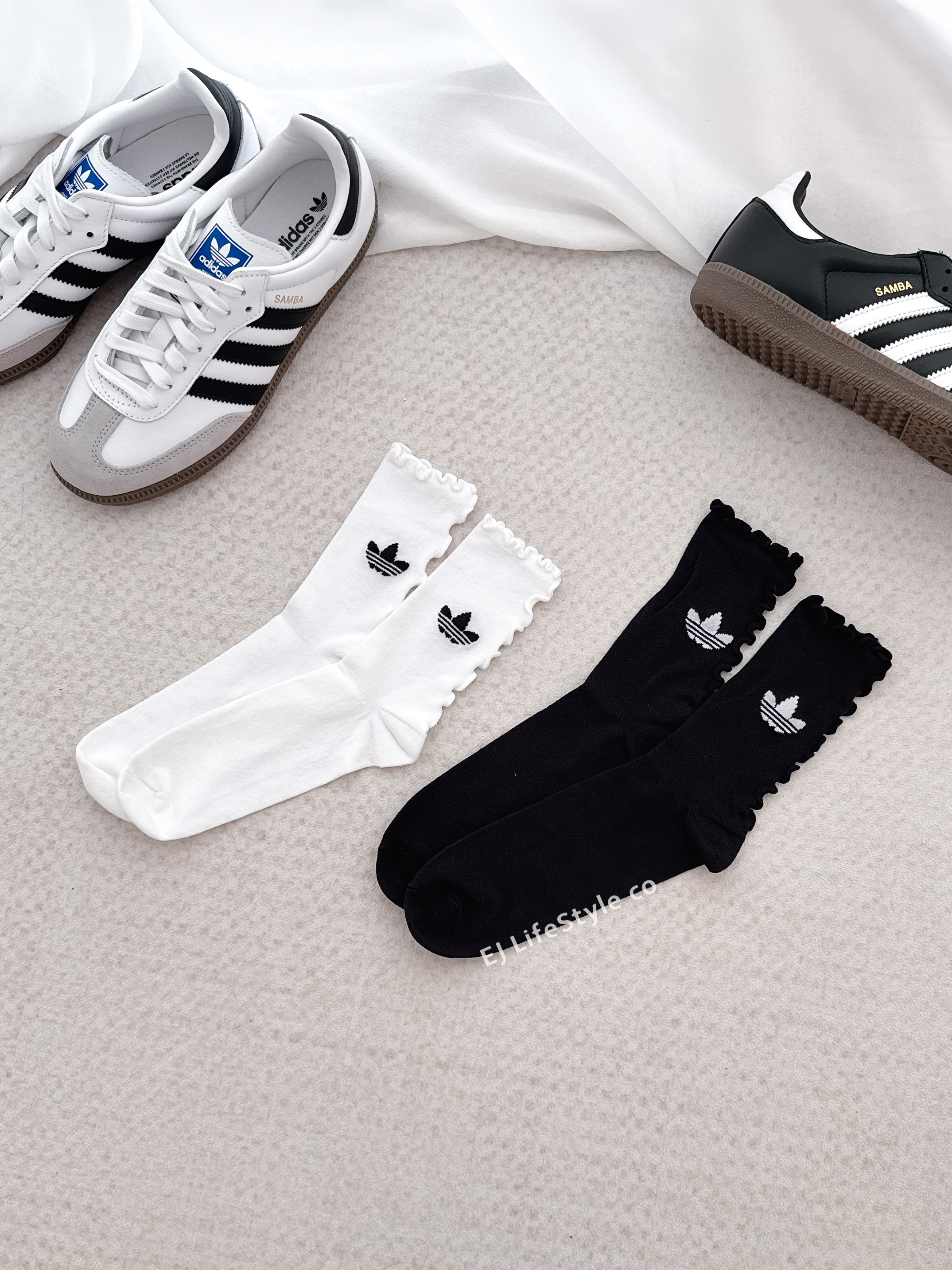 ADIDAS RUFFLE SOCK 木耳邊捲捲襪 中筒襪 黑色 白色 一組兩雙入 JD5623 / 預購