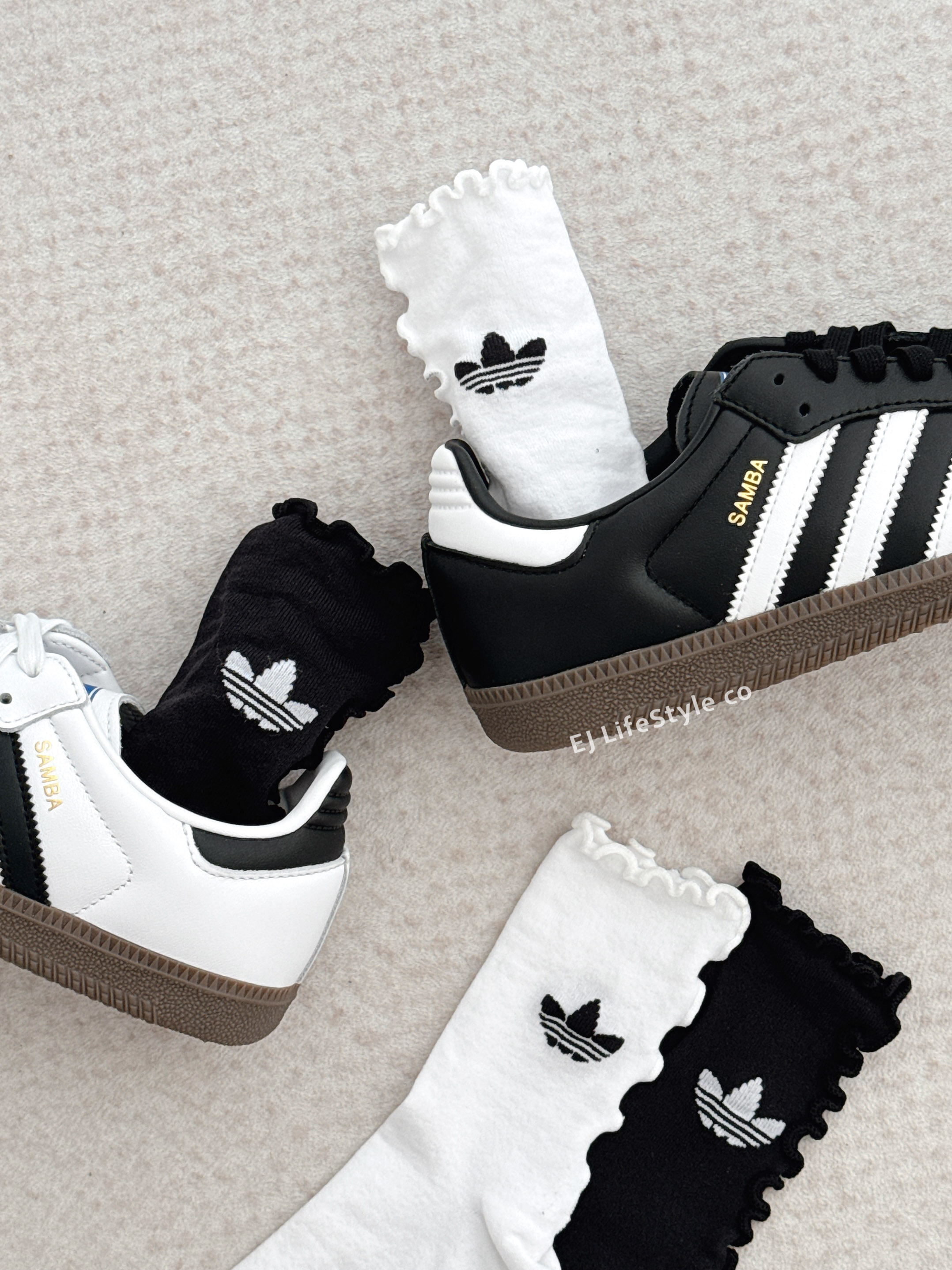 ADIDAS RUFFLE SOCK 木耳邊捲捲襪 中筒襪 黑色 白色 一組兩雙入 JD5623 / 預購