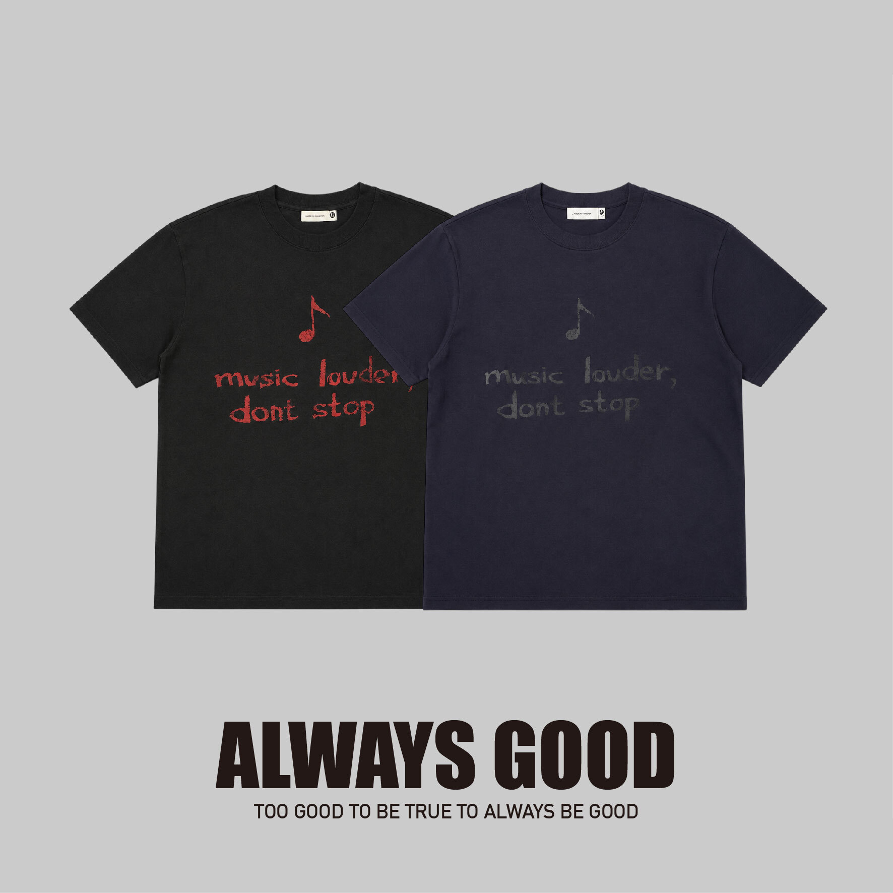 『Always_Good』音符 做舊水洗 小領口 短版 短TEE