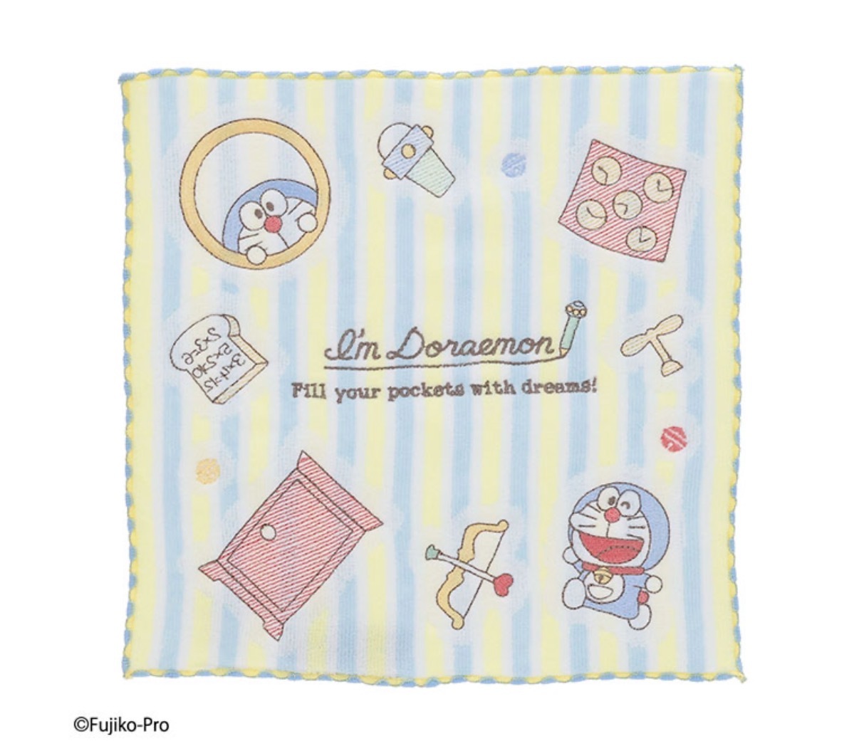 JP 多啦A夢法寶 全刺繡方巾 25x25 防臭抗菌 藍黃色 9113 TK260603