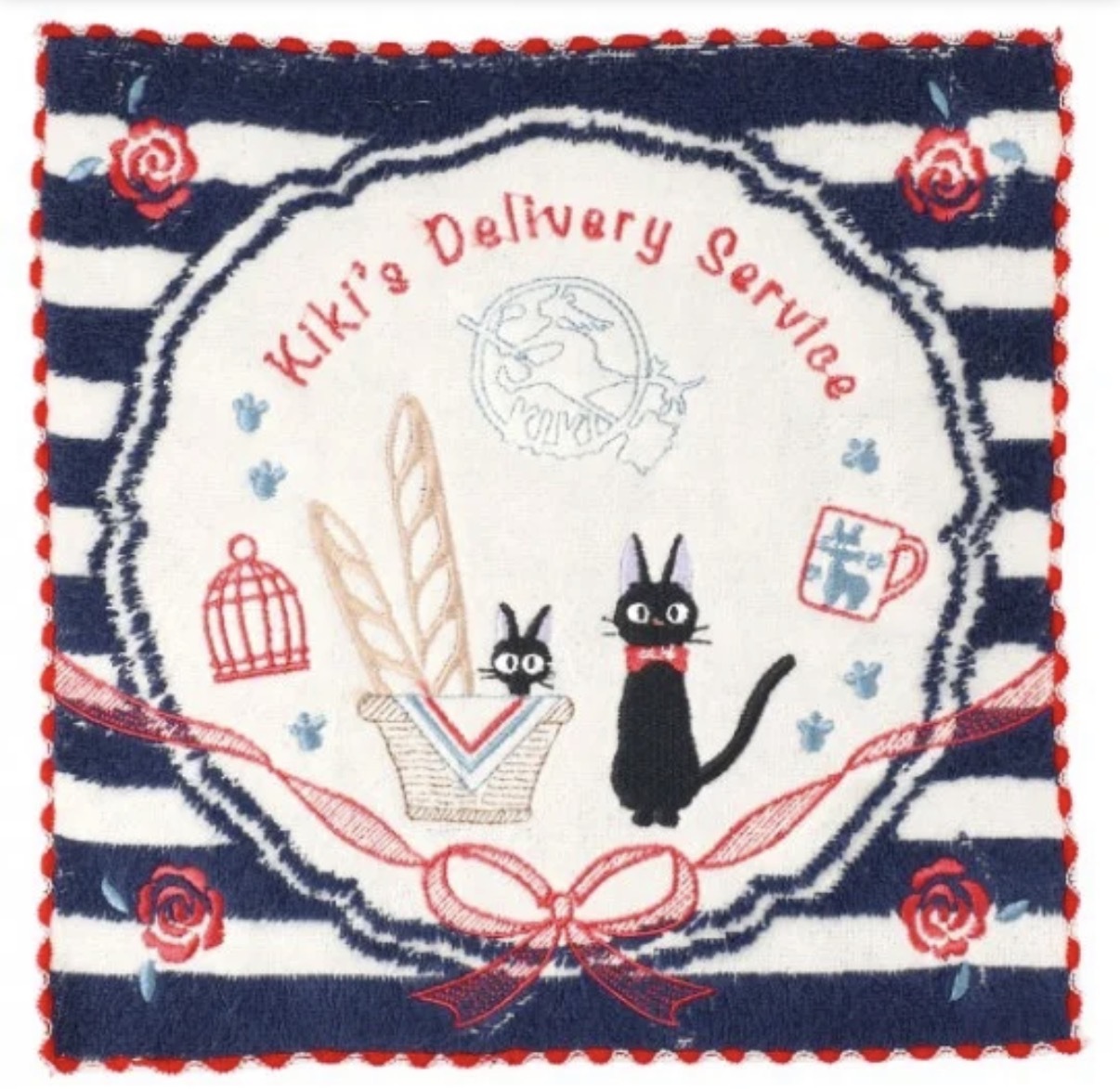 JP JIJI貓 簡條深藍刺繡 方巾 25x25 防臭抗菌 藍紅 3399 TK260603