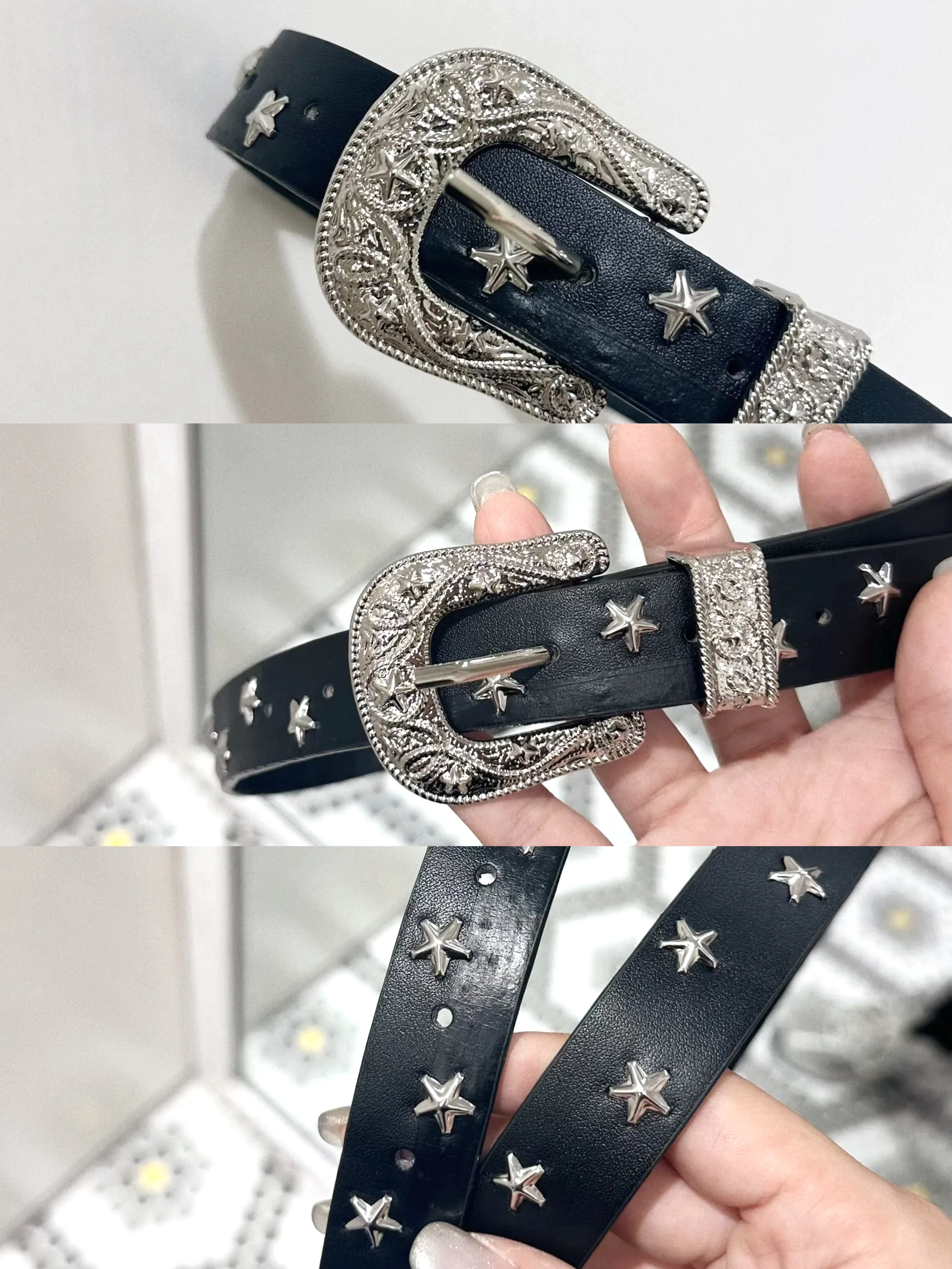 A0241｜個性型格感星星雕花銀扣皮帶