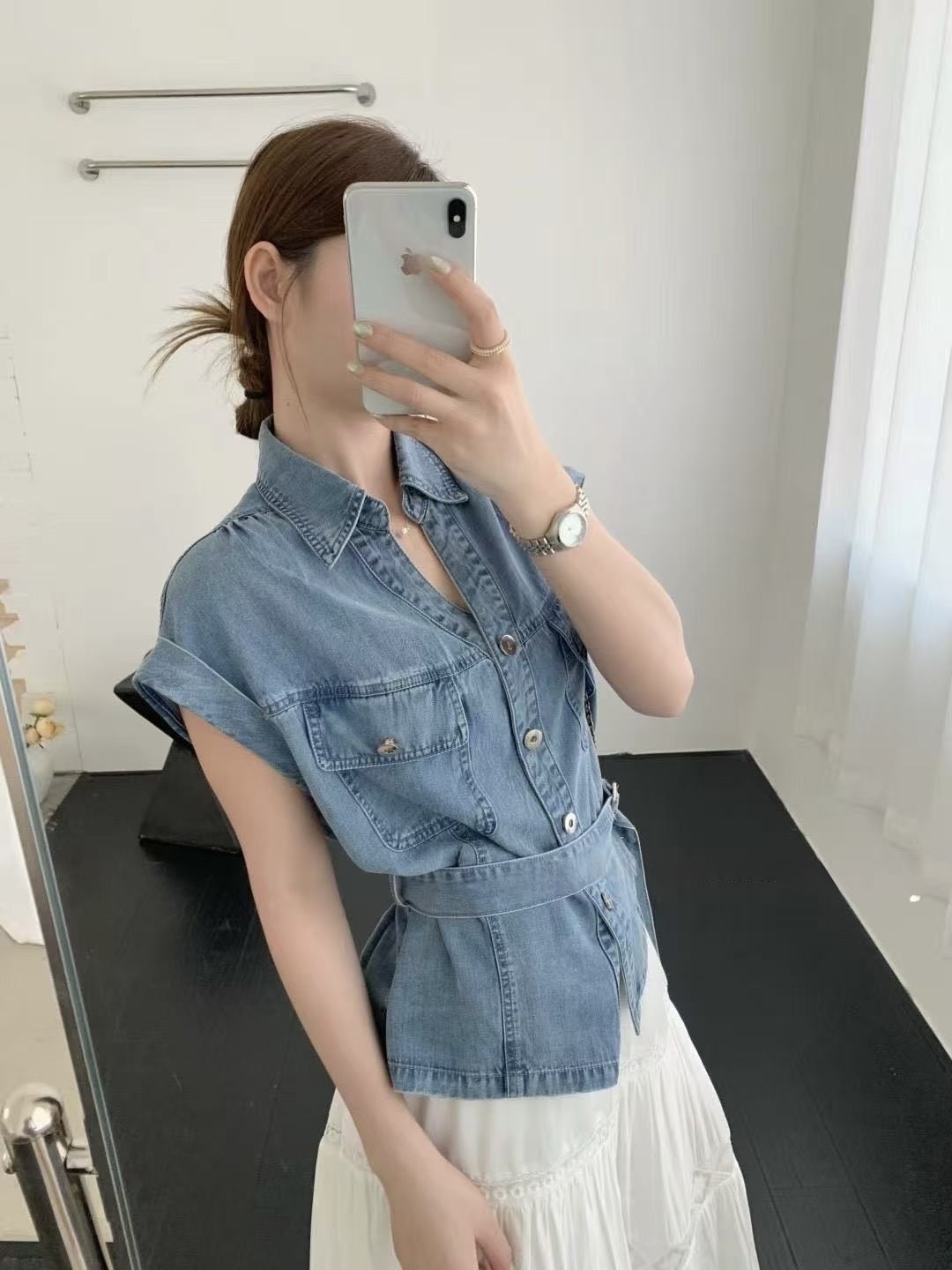 302 丹寧收腰綁帶背心