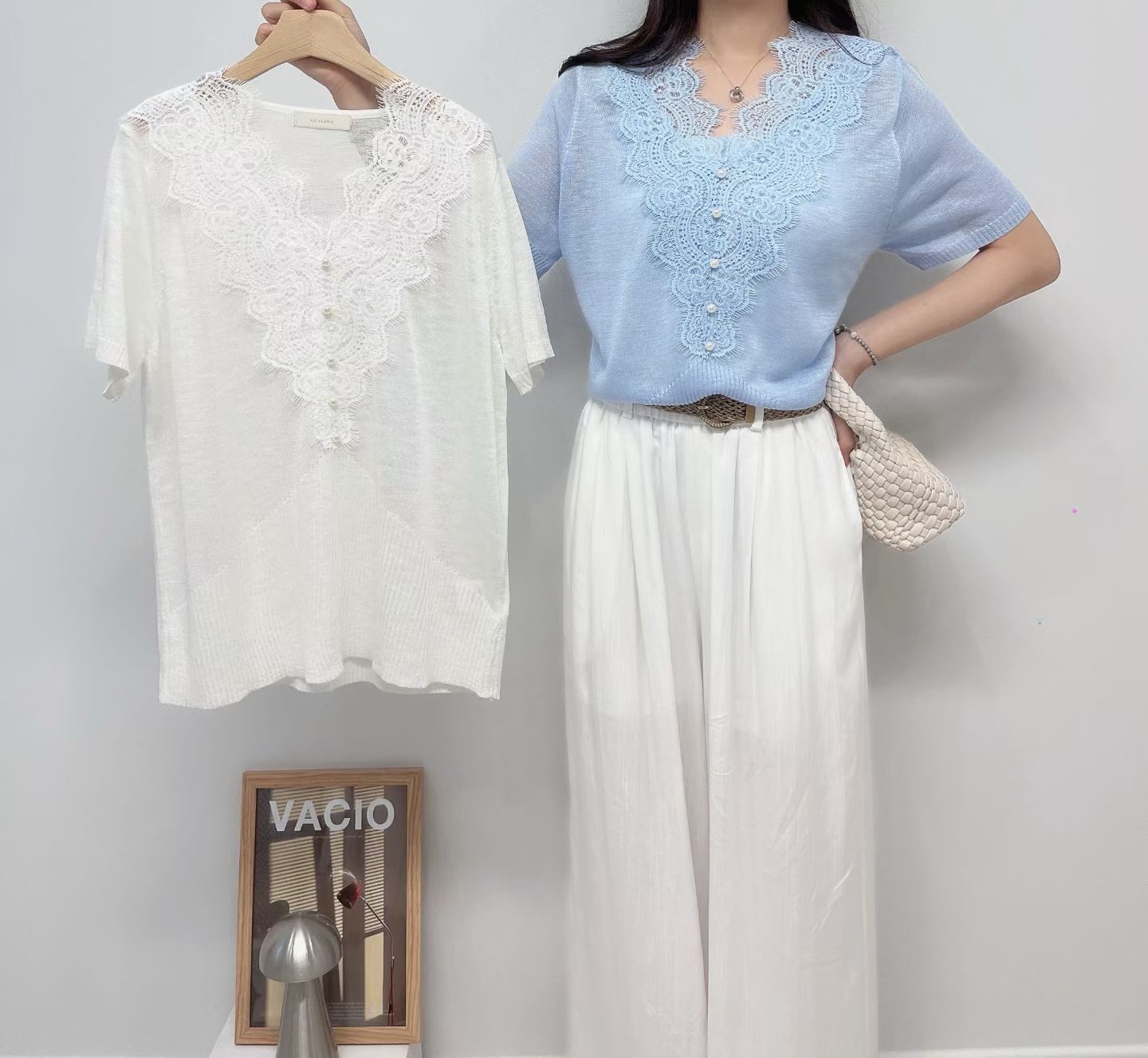 LU6311 蕾絲包邊V領軟綿Tee