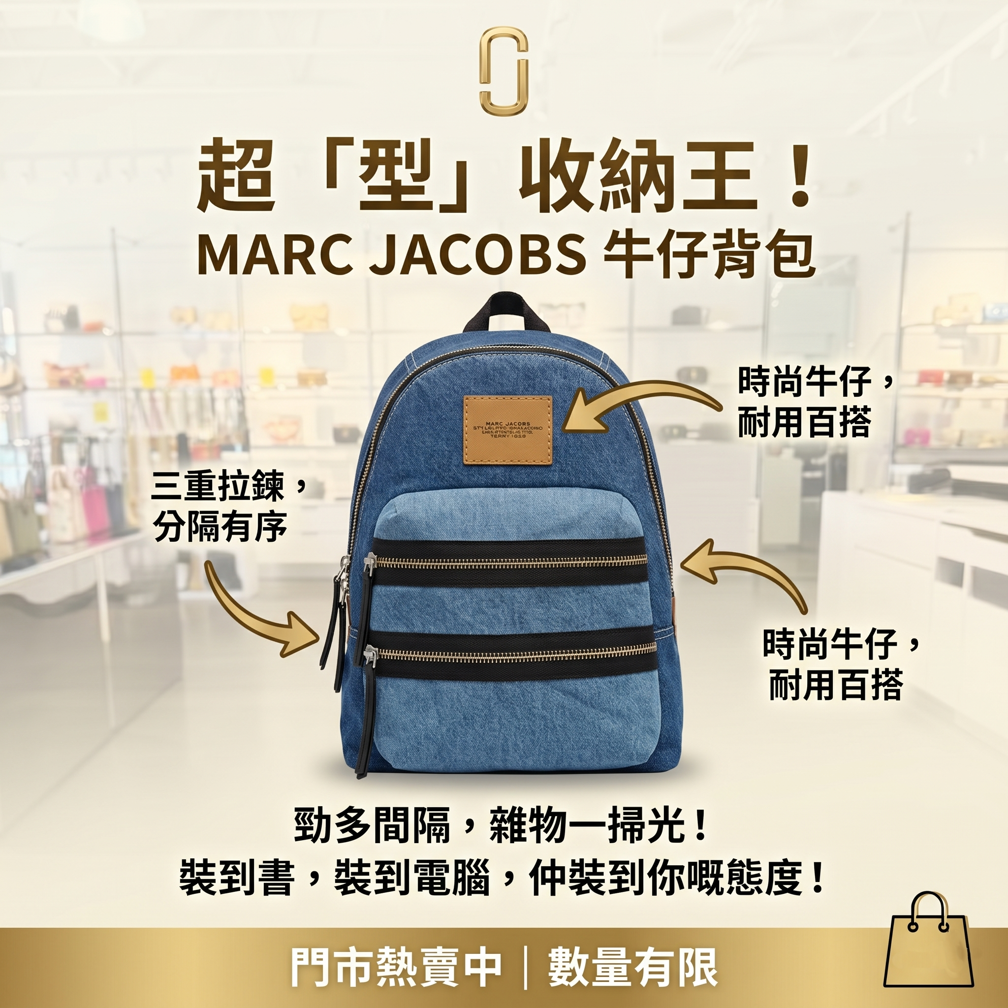 【預購】Marc Jacobs H060262 牛仔藍色大號背囊