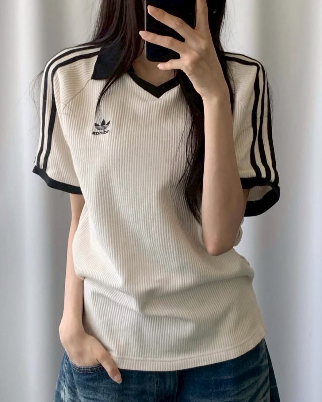 ADIDAS ORIGINALS 螺紋 翻領 短TEE 短袖 上衣 三線 米白 海軍藍