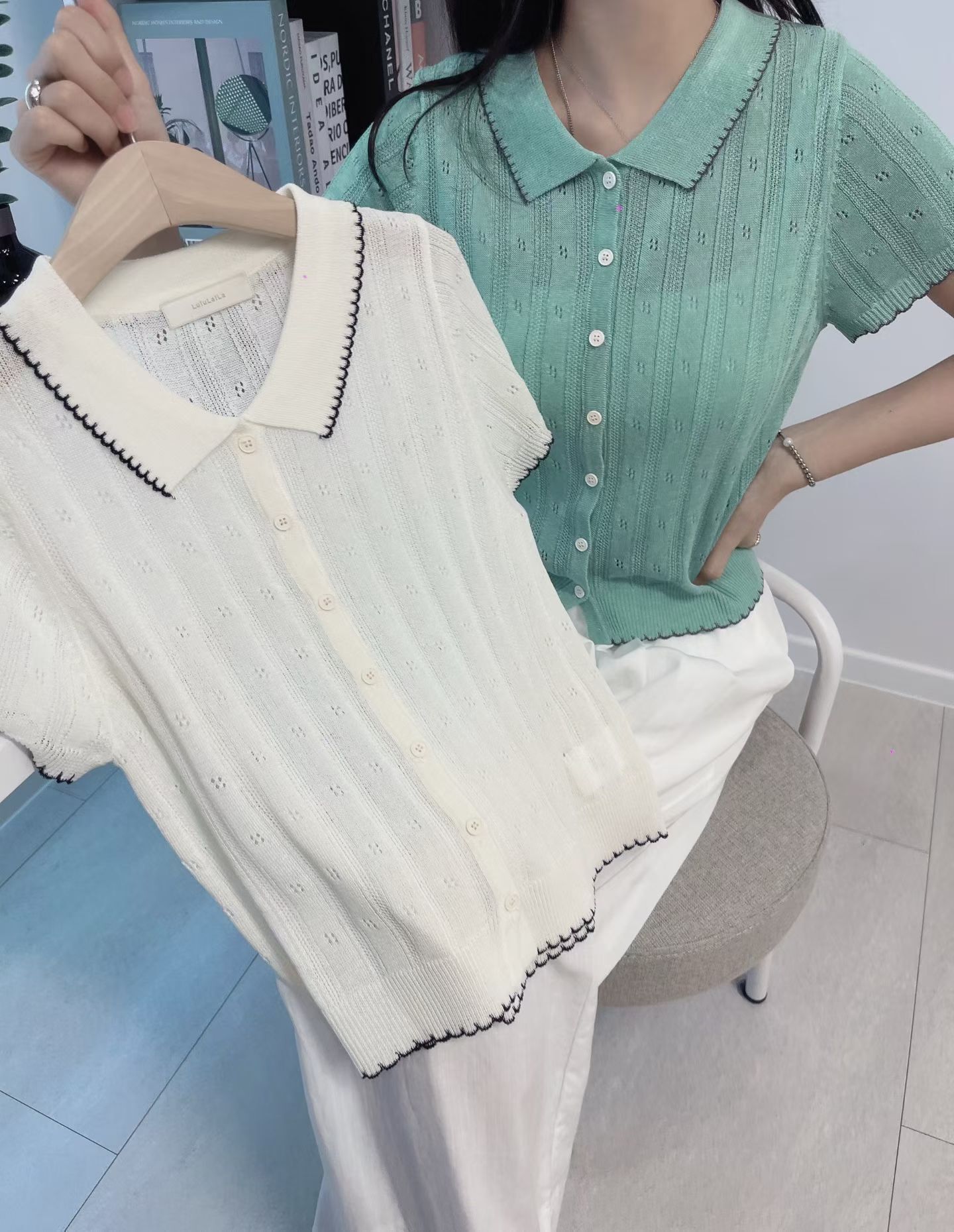 LU6346 花邊POLO領針織開衫